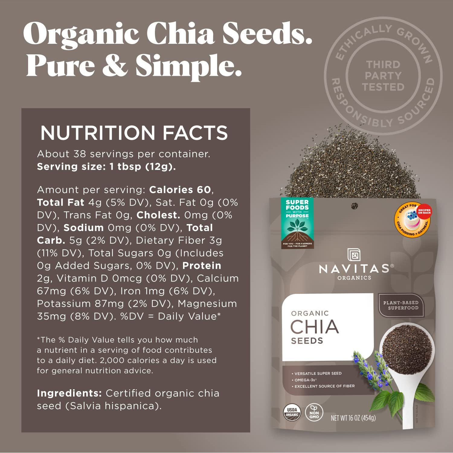Navitas Organics Chia Seeds, 16 Oz. (2-Pack) 76 Servings - Organic, Non-Gmo, Gluten-Free