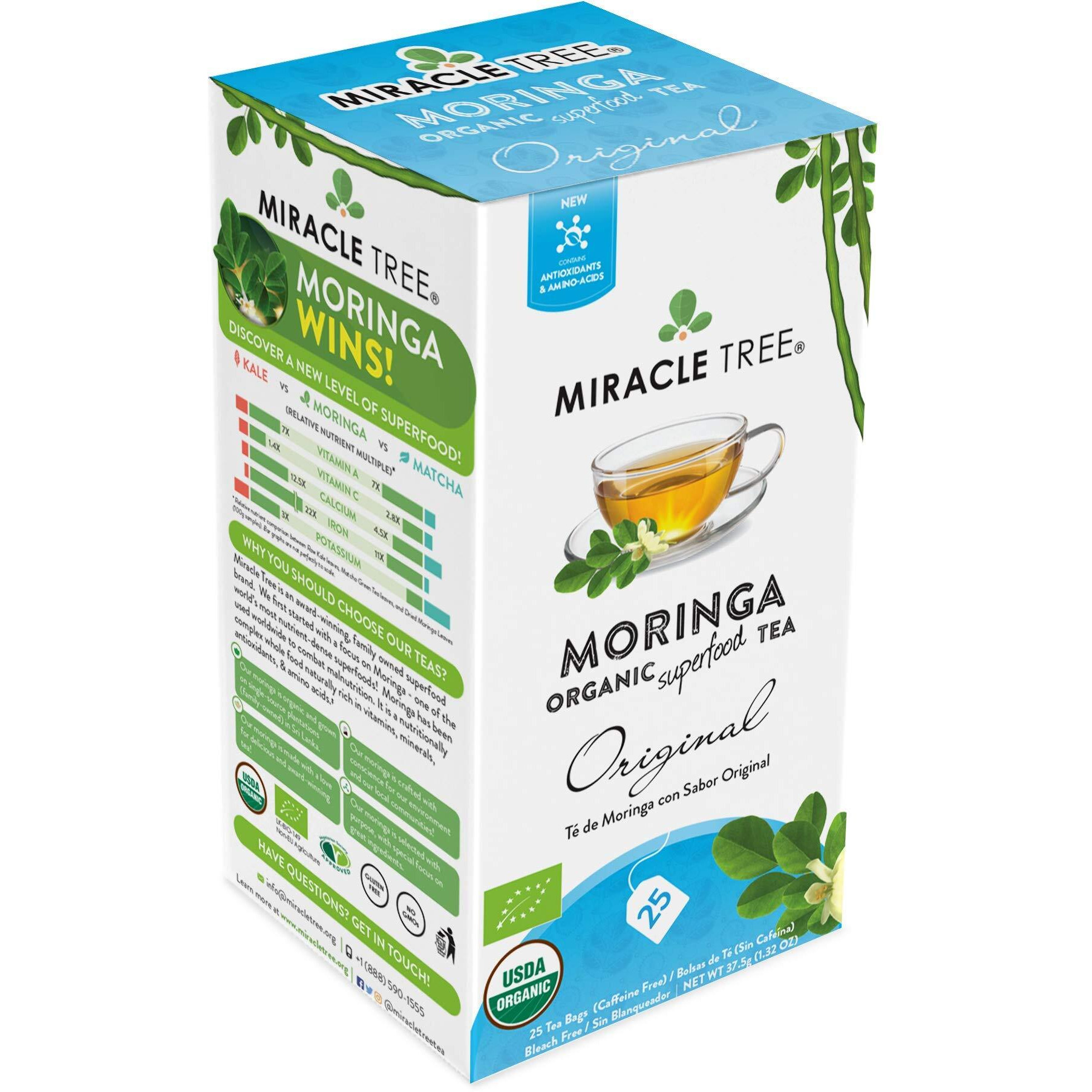 Miracle Tree - Organic Moringa Superfood Tea, 25 Individually Sealed Tea Bags, Original (Keto, Detox, Energy & Immunity Booster, Vegan, Gluten-Free, Organic, Non-Gmo, Caffeine-Free)