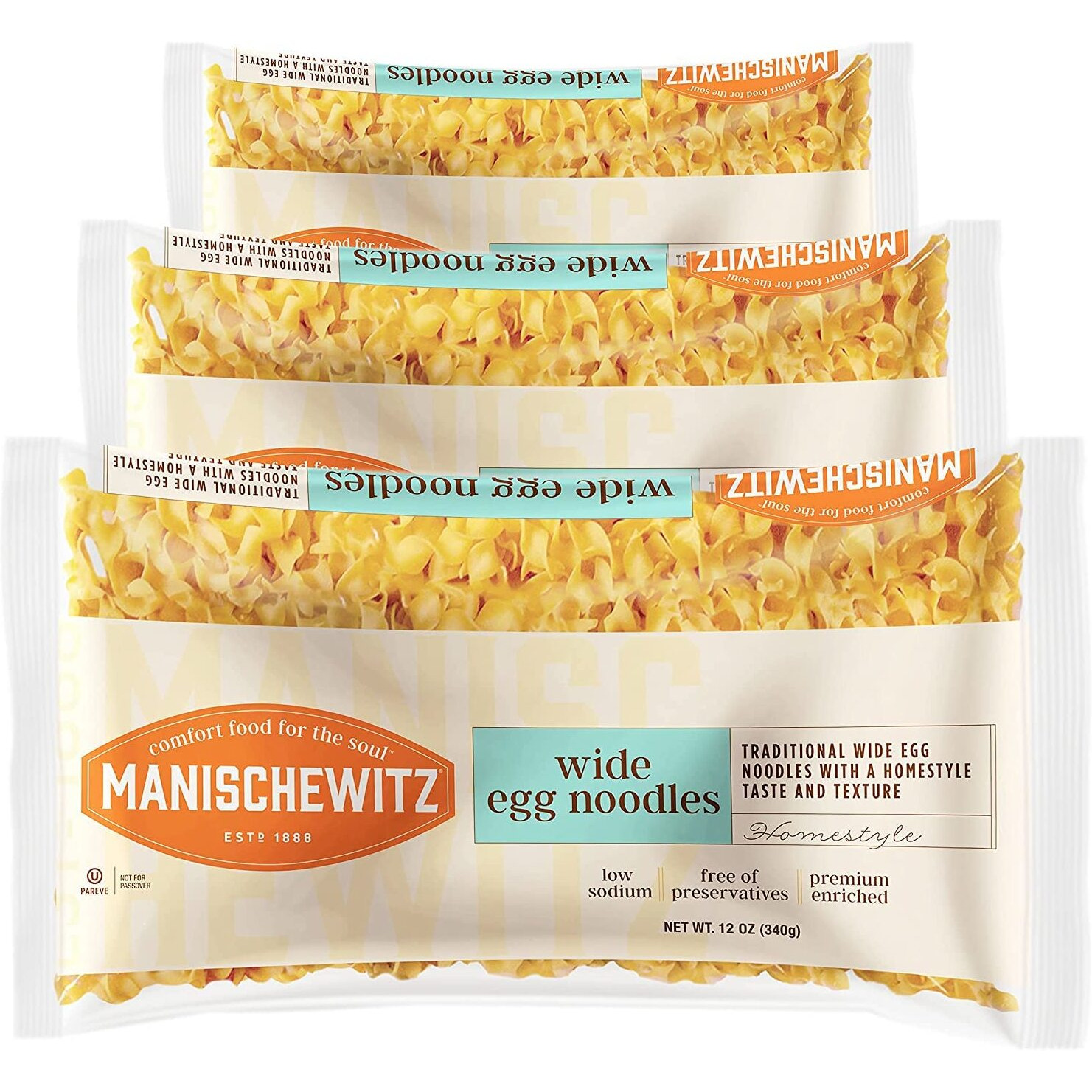 Manischewitz Traditional Extra Wide Egg Noodles 12Oz (3 Pack), Homestyle Taste & Texture, Premium Enriched, Low Sodium, No Preservatives