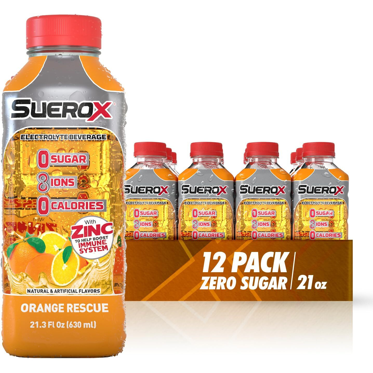 Suerox Zero Sugar Electrolyte Drink For Hydration And Recovery, Unique Blend Of Electrolytes & 8 Ions, Zero Calorie Sports Drink, 21.3 Fl Oz, Orange Rescue, 12 Count