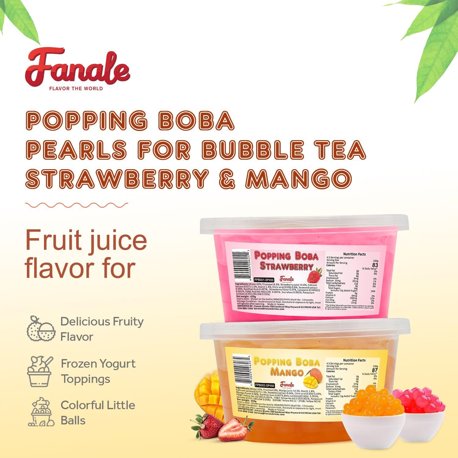 Fanale Popping Boba Pearls For Bubble Tea - 2 Lb (1 Lb X 2) | Strawberry Mango | Bursting Boba Pearls Bubble 450G X 2 | Fruit Juice Flavor For Shakes, Dessert, Smoothie | Fpb001/002-Sp450