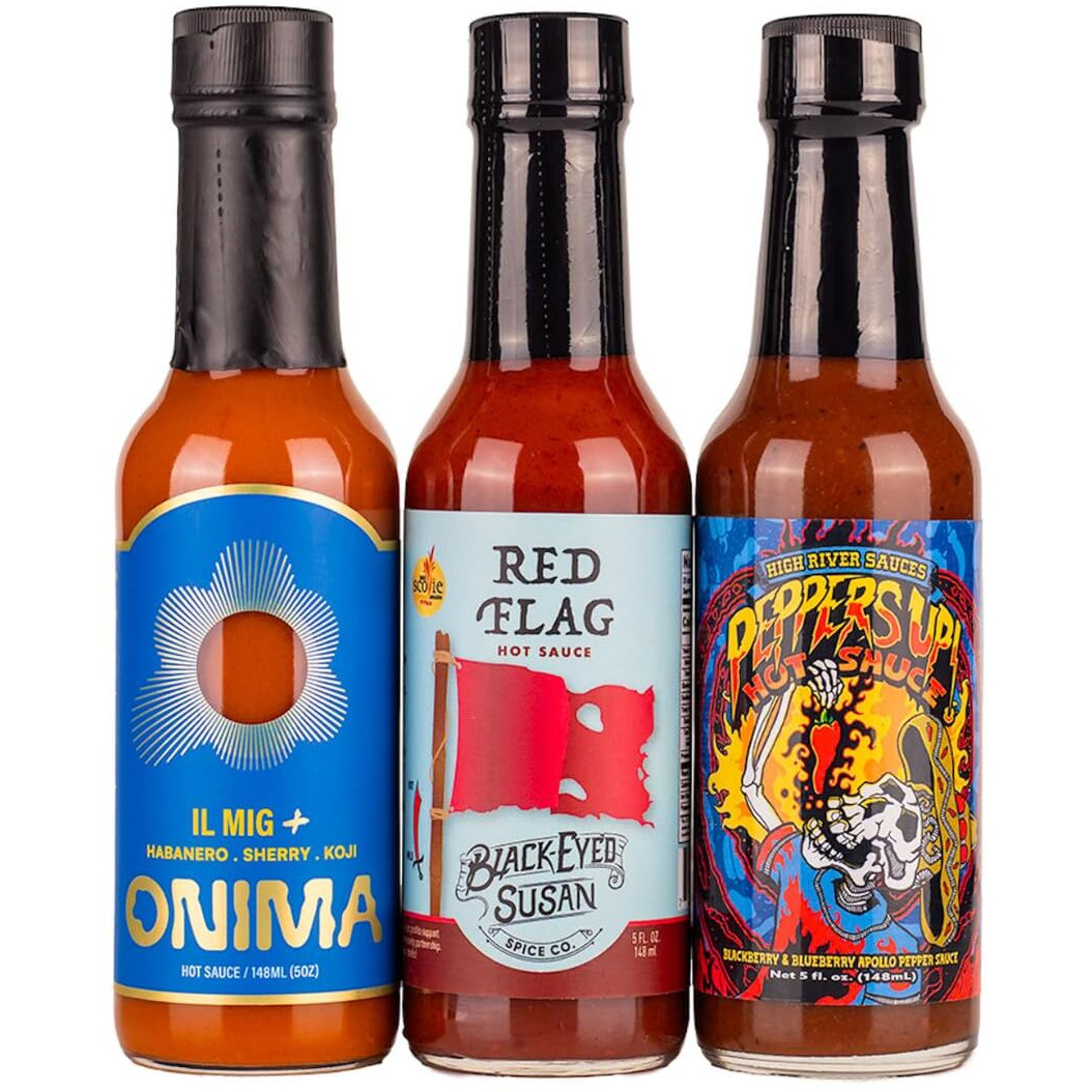Hot Ones Season 24 Heat Pack, Hot Sauce Pack With Onima (Il Mig+), Black-Eyed Susan (Red Flag), High River Sauces (Peppers Up), Made With All Natural Ingredients, 5 Fl Oz Bottles (3-Pack)