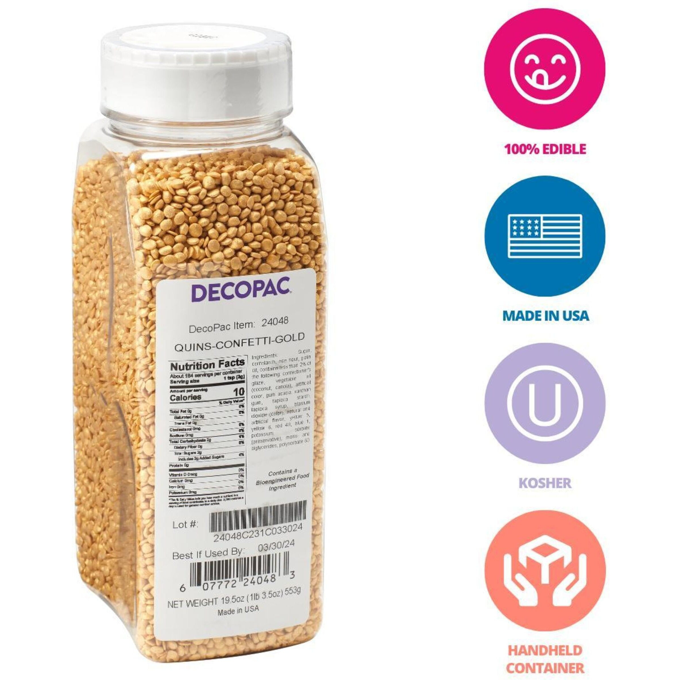 Decopac Quins Fancy Sprinkles, 19.5Oz, Candy Sprinkles In Handheld Container, Edible Sprinkles For Celebration Cakes, Cupcakes, Cookies - Confetti Gold Quin