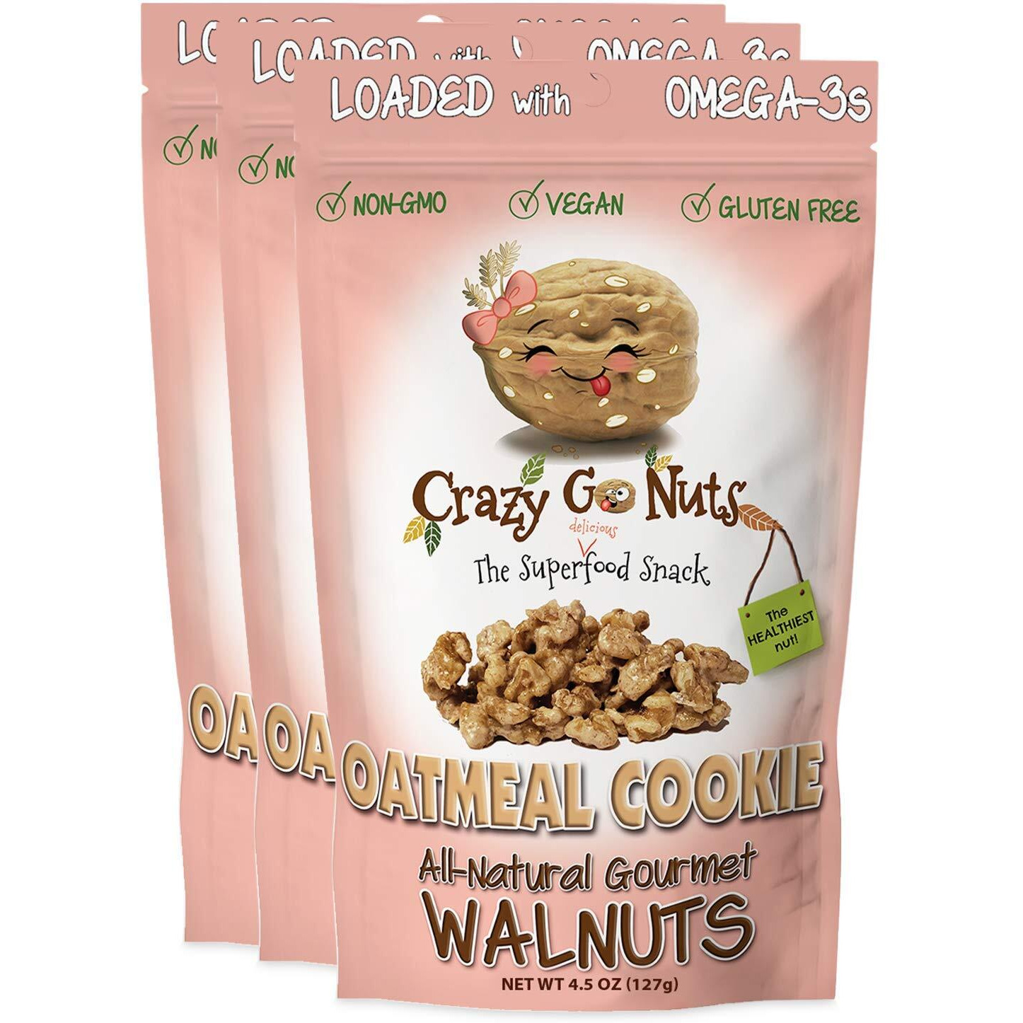 Crazy Go Nuts Walnuts - Oatmeal Cookie, 4.5 Oz (3-Pack) - Healthy Snacks, Vegan, Gluten Free, Superfood - Natural, Non-Gmo, Ala, Omega 3 Fatty Acids, Good Fats, And Antioxidants