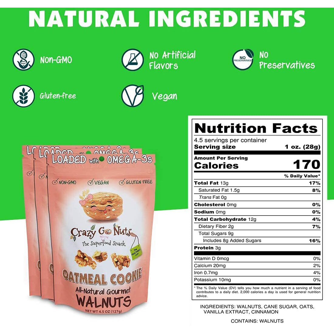 Crazy Go Nuts Walnuts - Oatmeal Cookie, 4.5 Oz (3-Pack) - Healthy Snacks, Vegan, Gluten Free, Superfood - Natural, Non-Gmo, Ala, Omega 3 Fatty Acids, Good Fats, And Antioxidants