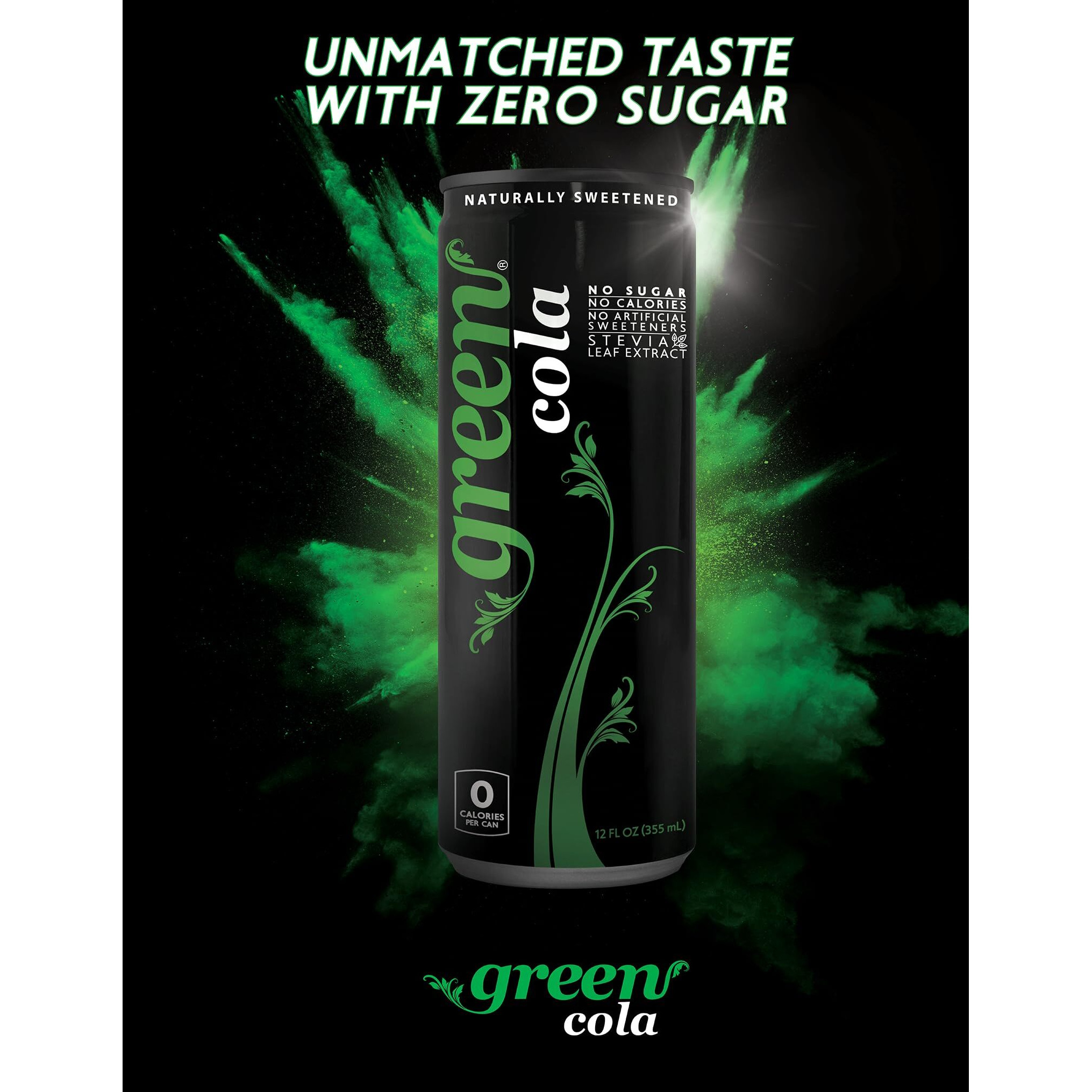 Green Cola - Sugar Free, Zero Calories, Naturally Sweetened With 100% Stevia Leaf Extract, Carbonated Soda, 100% Cola Taste, 12 Fl Oz Each Can - Pack Of 12