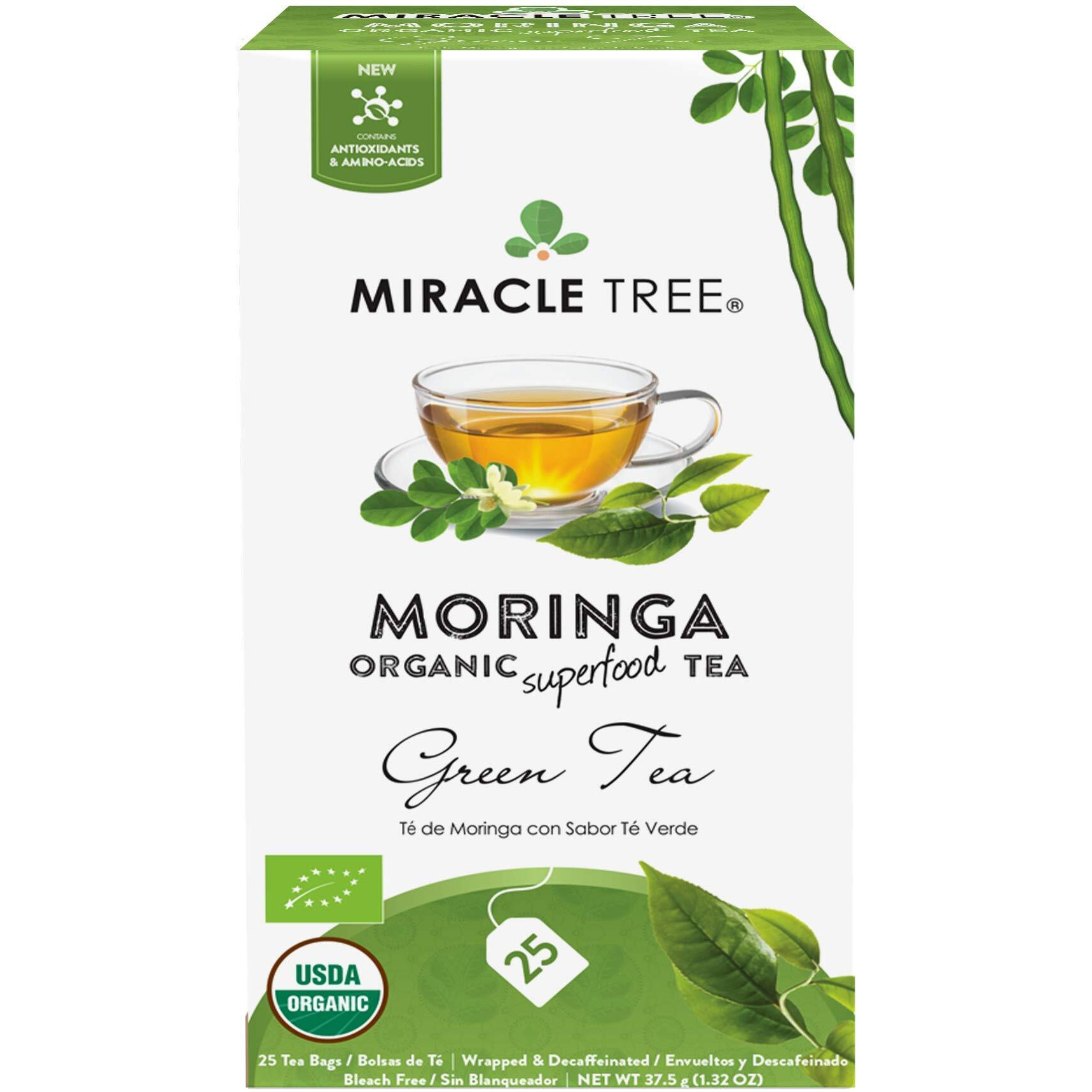 Miracle Tree - Organic Moringa Superfood Tea, 25 Individually Sealed Tea Bags, Green Tea (Keto, Detox, Energy & Immunity Booster, Vegan, Gluten-Free, Organic, Non-Gmo, Decaffeinated)