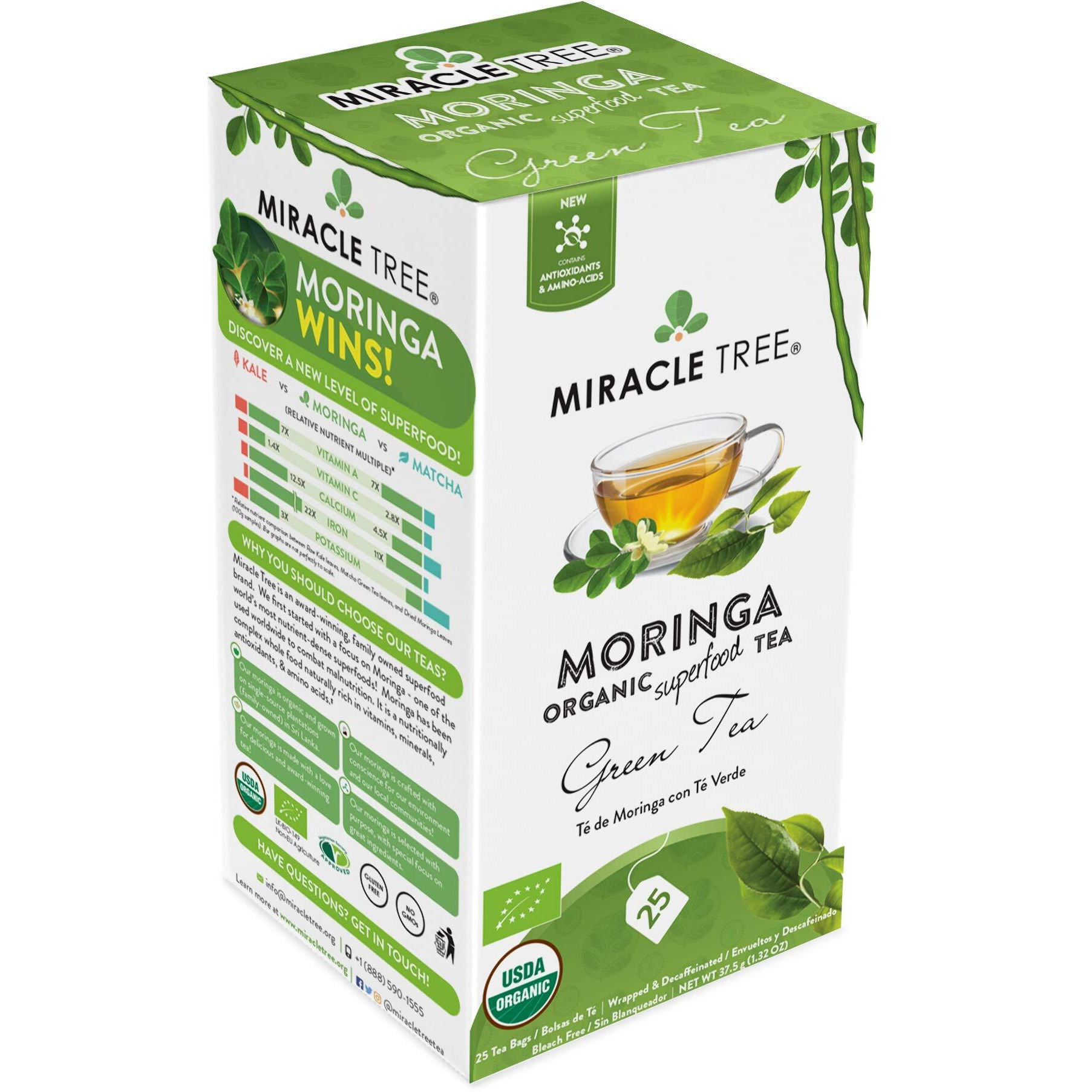 Miracle Tree - Organic Moringa Superfood Tea, 25 Individually Sealed Tea Bags, Green Tea (Keto, Detox, Energy & Immunity Booster, Vegan, Gluten-Free, Organic, Non-Gmo, Decaffeinated)