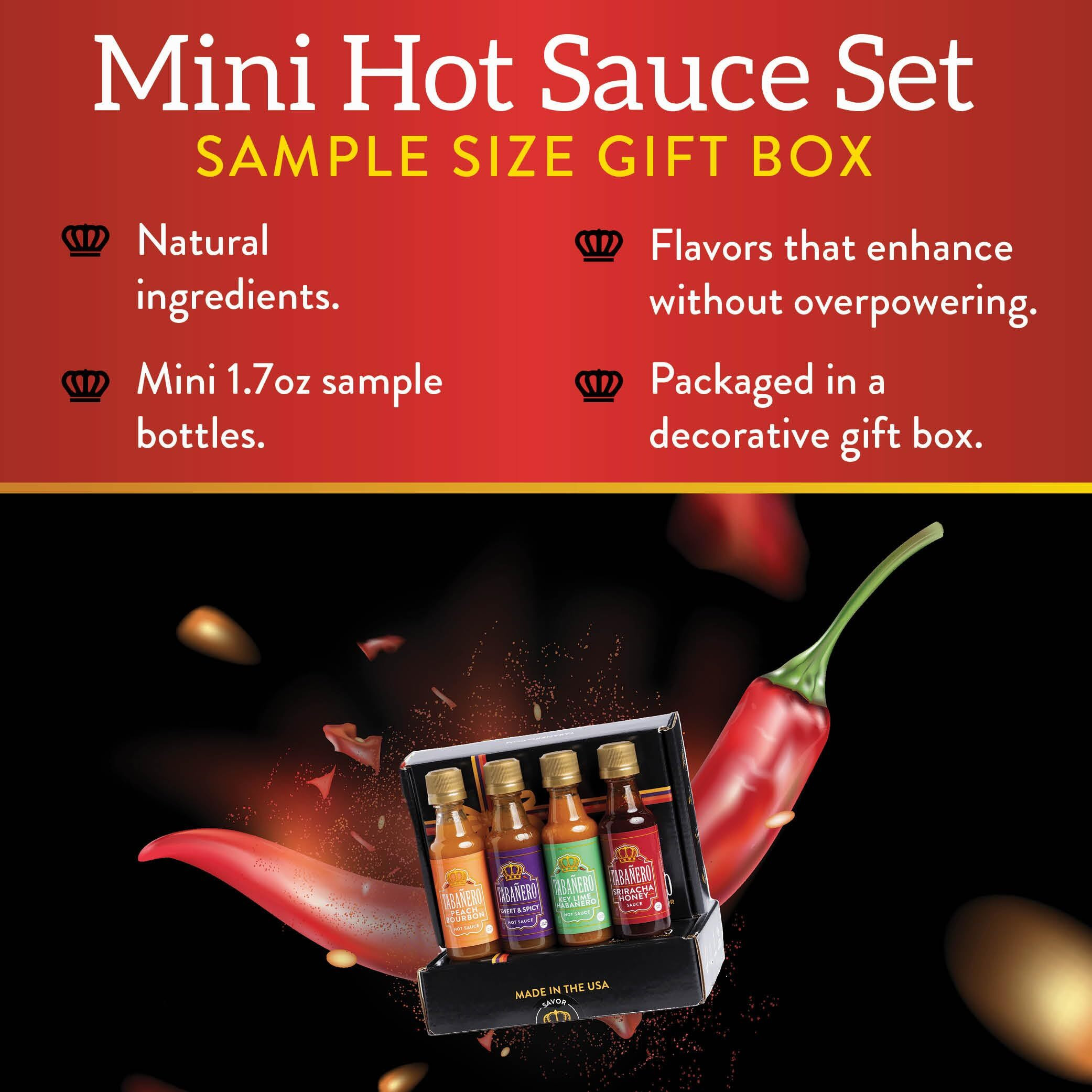 Mini Hot Sauce Gift Set By Tabanero Peach Bourbon, Sriracha Honey, Key Lime Habanero, Sweet & Spicy, All Natural, Gluten Free, Low Sodium, Vegan, Kosher, Made In The Usa, 4-Pack, 1.7 Oz Mini Bottles