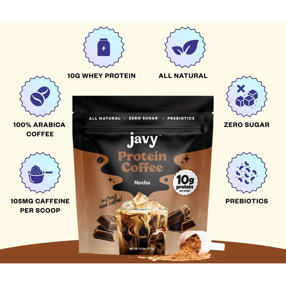 Javy Mocha Protein Coffee - Premium Whey Protein & Instant Iced Coffee - 100% Arabica Coffee - Zero Artificial Flavors & Sweeteners, 20 Servings