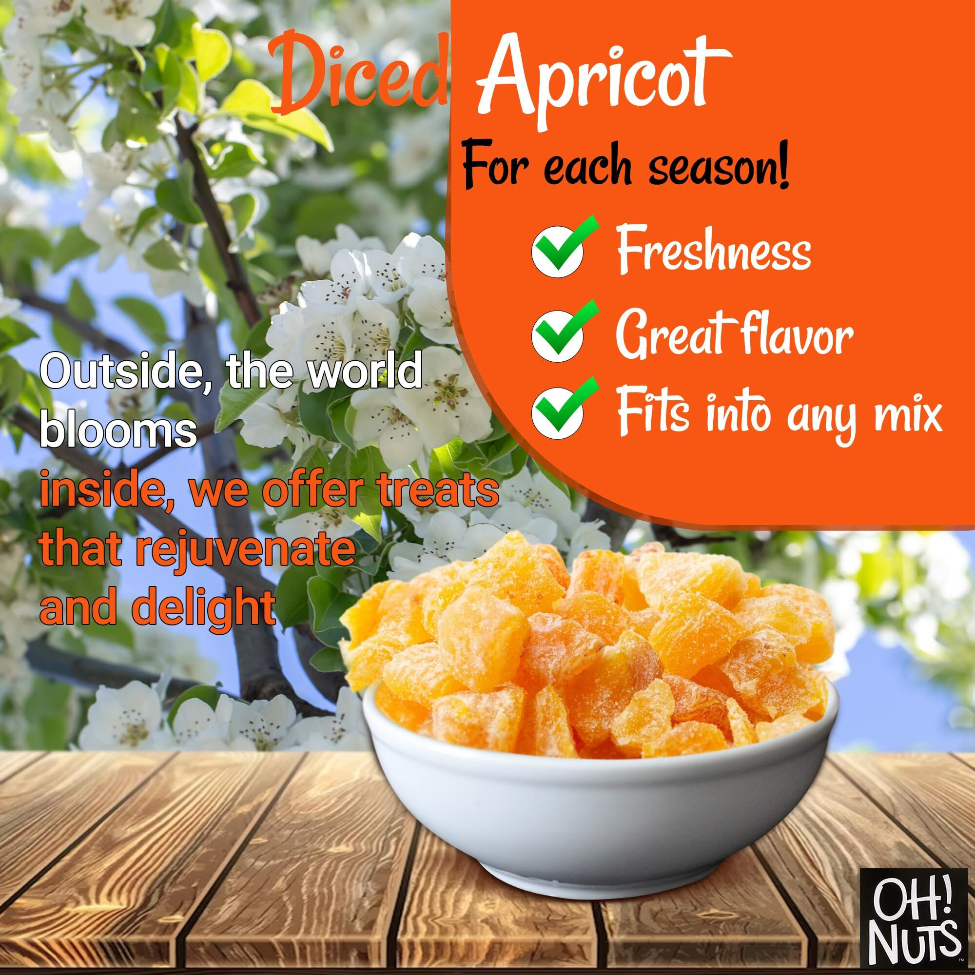 Dried Apricot | 1 Lb - Dried Fruit Diced | No Sugar Added | Dehydrated Fruit Bites | Packed In New York Zip-Seal Bag For Exceptional Freshness By Oh Nuts