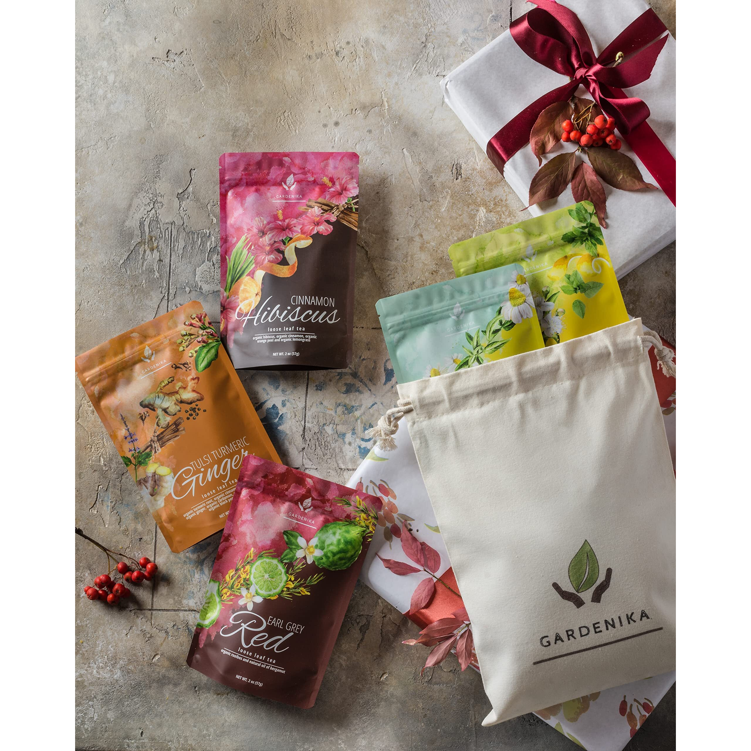 Gardenika Loose Leaf Tea Set, Herbal Caffeine-Free Set - Rooibos, Spearmint, Chamomile, Hibiscus, Tulsi, Turmeric, Ginger Teas - 5 Pack Assortment (10 Oz)