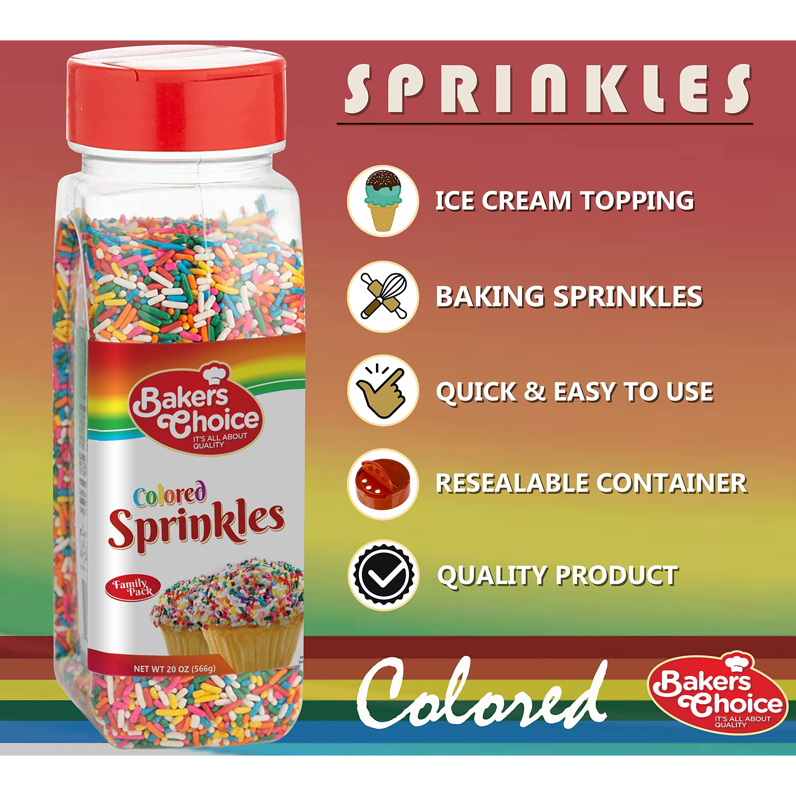 Bakers Choice Rainbow Sprinkles For Baking - Rainbow Jimmies Sprinkles For Ice Cream Toppings - Dairy Free, Kosher 20 Oz.