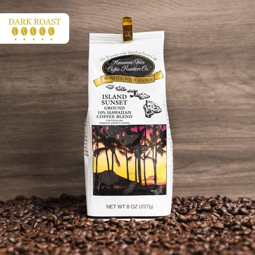 Hawaiian Isles Coffee Island Sunset, Dark Roast Ground Coffee,10% Hawaiian Coffee Blend, Roasted With Aloha - 8 Ounce Bag