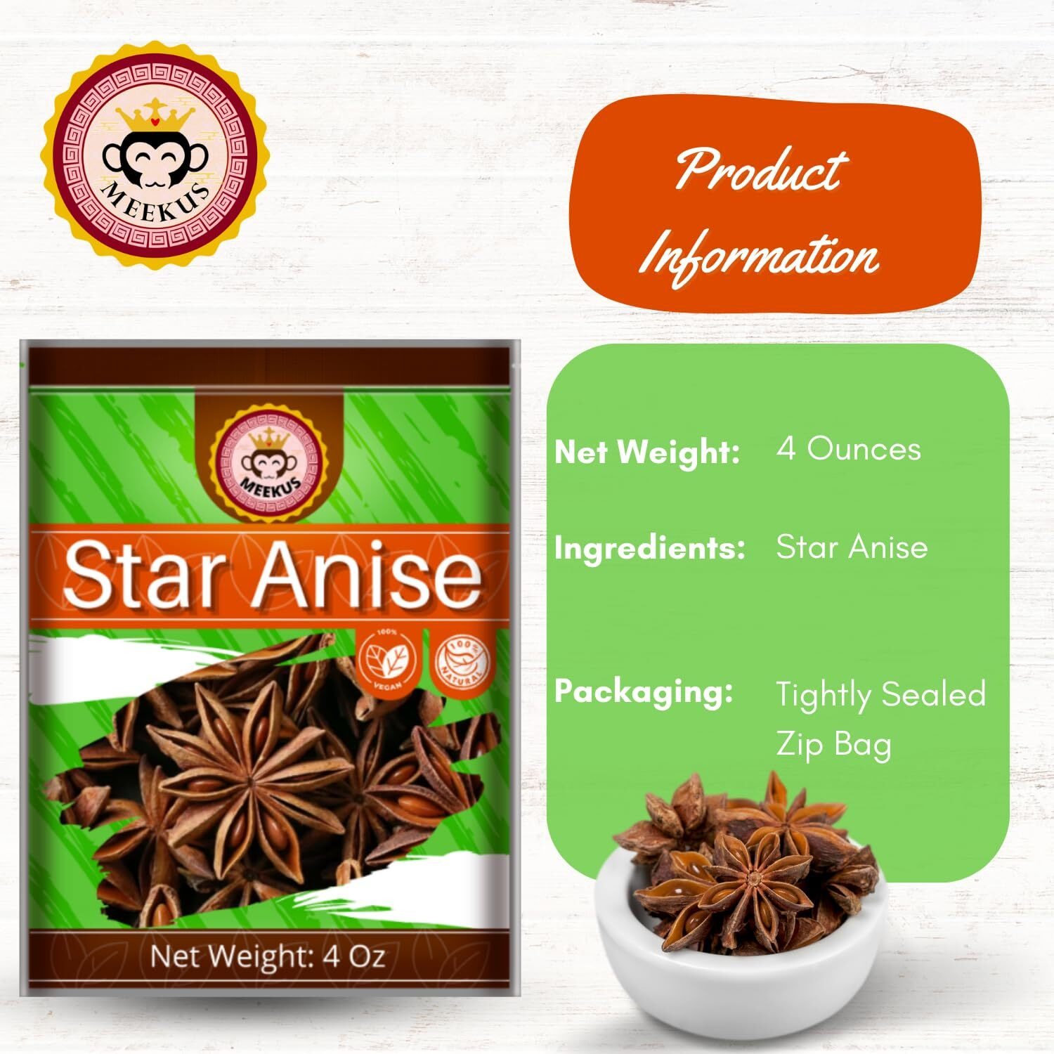 Meekus Star Anise (Anis Estrella) Anise Seeds, Star Anise Whole, Whole Chinese Star Anise Pods For Tea And Baking, 12 Oz