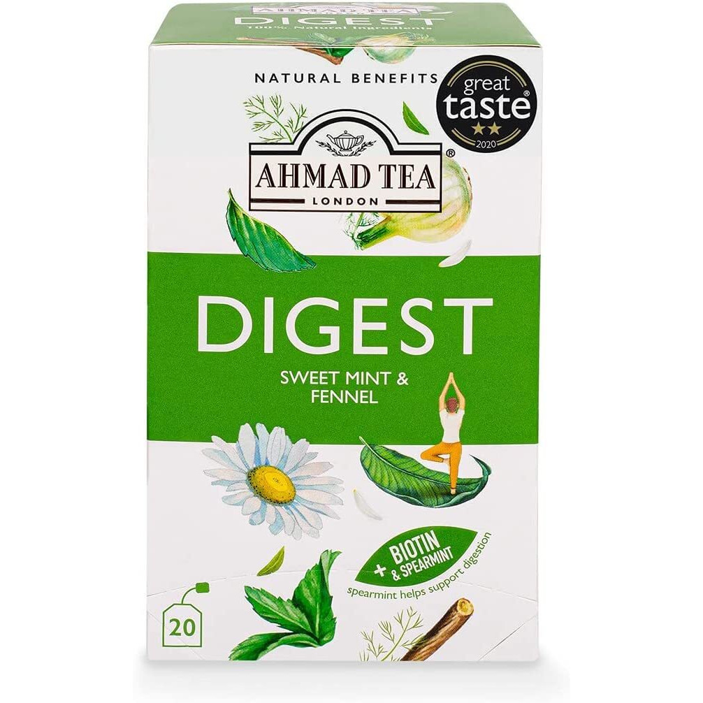 Ahmad Tea Herbal Tea, Sweet Mint, Fennel & Biotin 'Digest' Natural Benefits Teabags, 20 Ct (Pack Of 6) - Decaffeinated & Sugar-Free