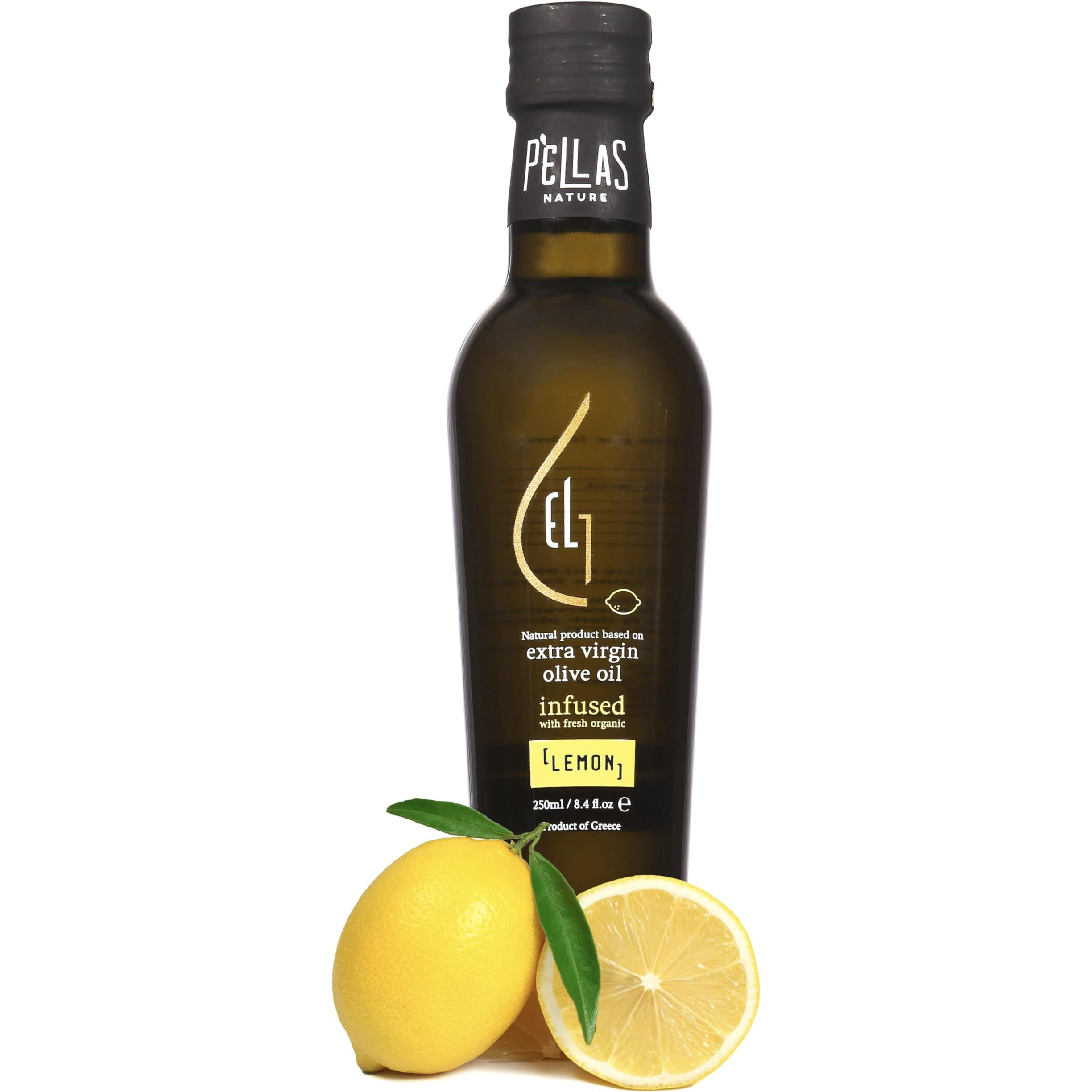 Pellas Nature, Fresh Organic Lemon Infused Greek Extra Virgin Olive Oil, Gold-Award Winner, Kosher, 8.5 Oz (250 Ml) Glass Bottle
