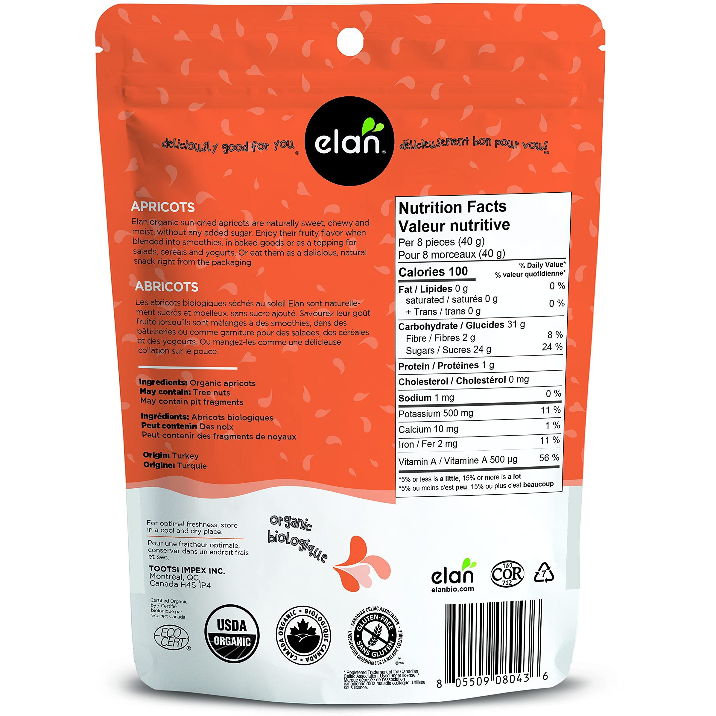 Elan Organic Sun-Dried Apricots, Dried Fruits, No Sulphites, No Sugar Added, Non-Gmo, Vegan, Gluten-Free, Kosher, Naturally Sweet Snacks, Turkish Apricots, 8 Pack Of 7 Oz