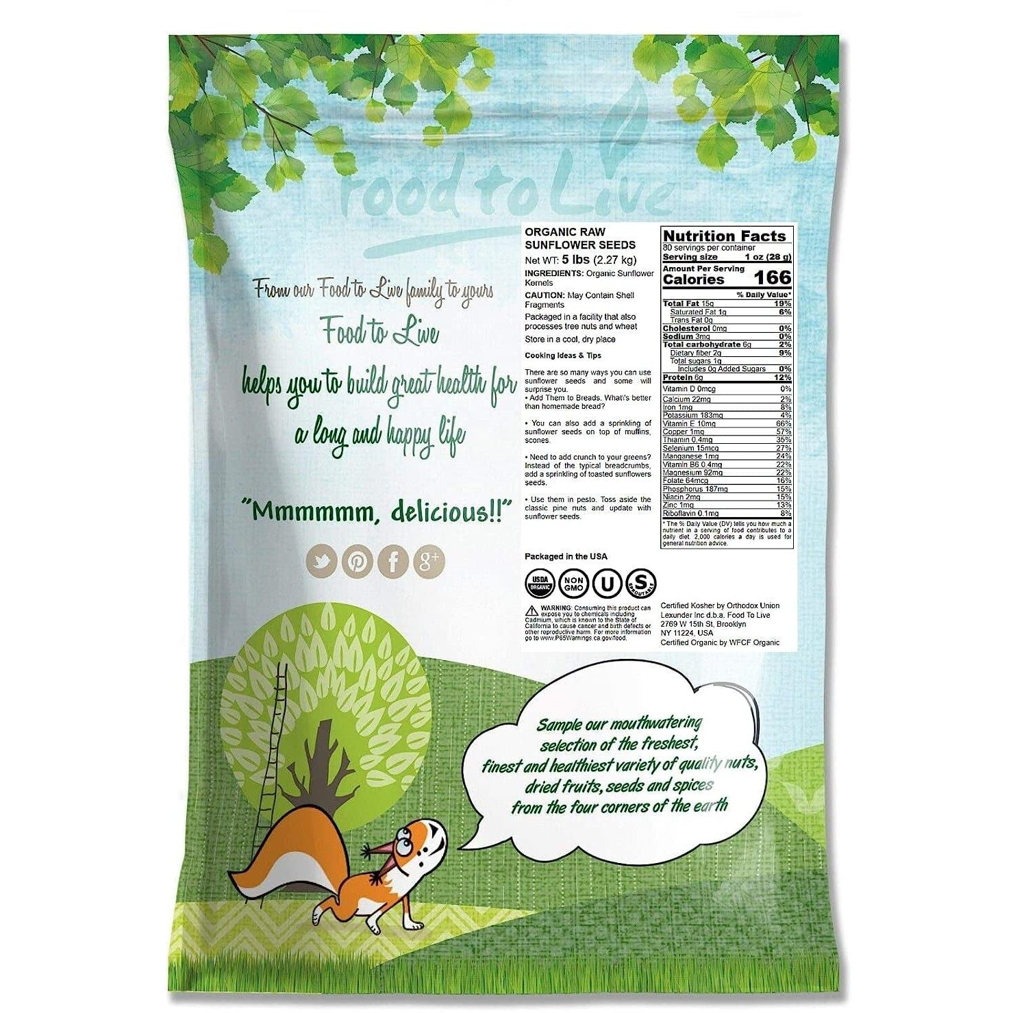 Food To Live Organic Sunflower Seeds, 5 Pounds Hulled, Raw, Non-Gmo, Dried Kernels, Unsalted, Kosher, Vegan, Keto, Paleo, Sirtfood, Bulk, Good Source Of Protein