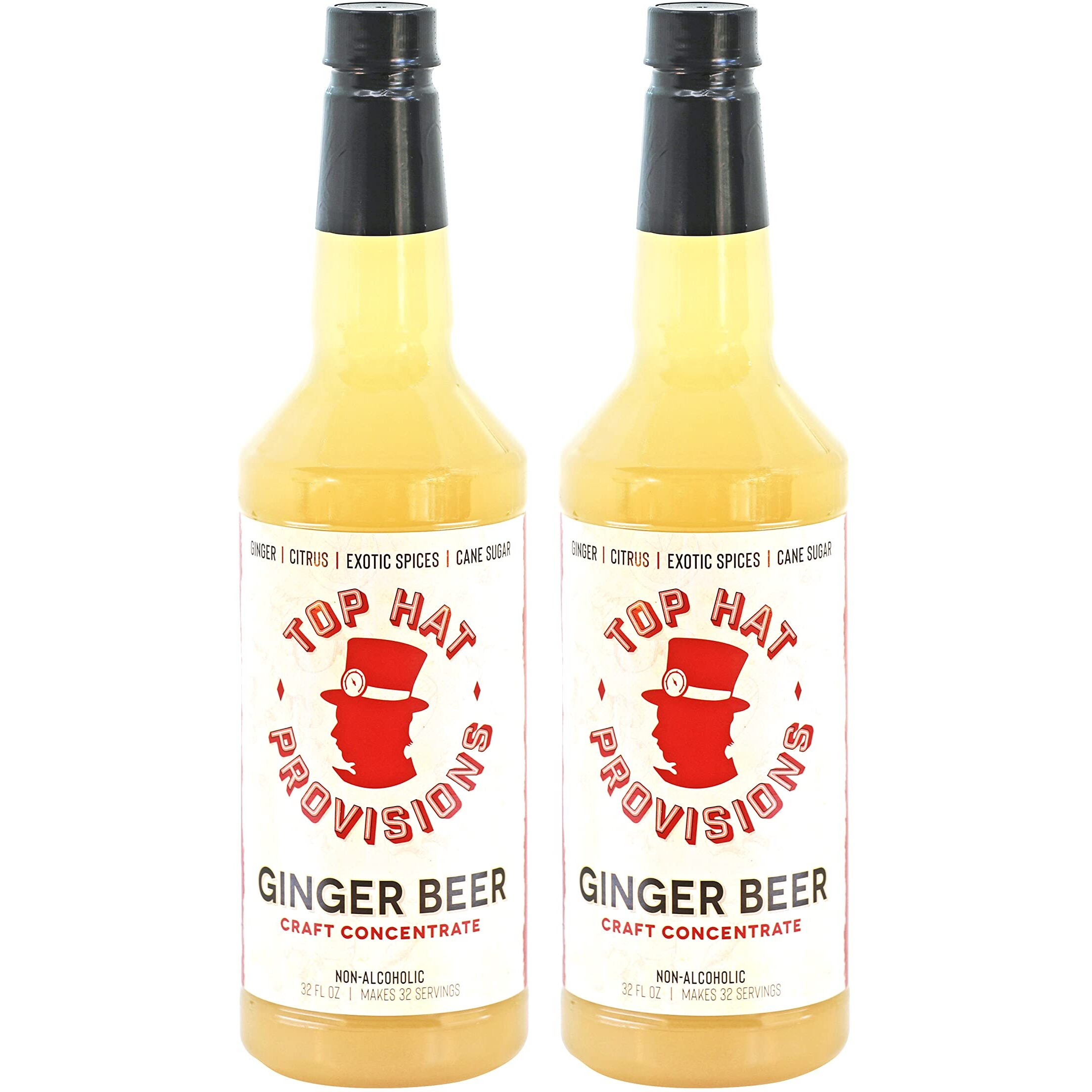 Top Hat Spicy Ginger Beer Syrup - Spicy Ginger Syrup For Craft Soda + Cocktails - Concentrated Ginger Citrus Soda Blend - Moscow Mule + Hot Toddy Mix - Makes 6 Quarts - 2 Pack Of 32Oz Bottles