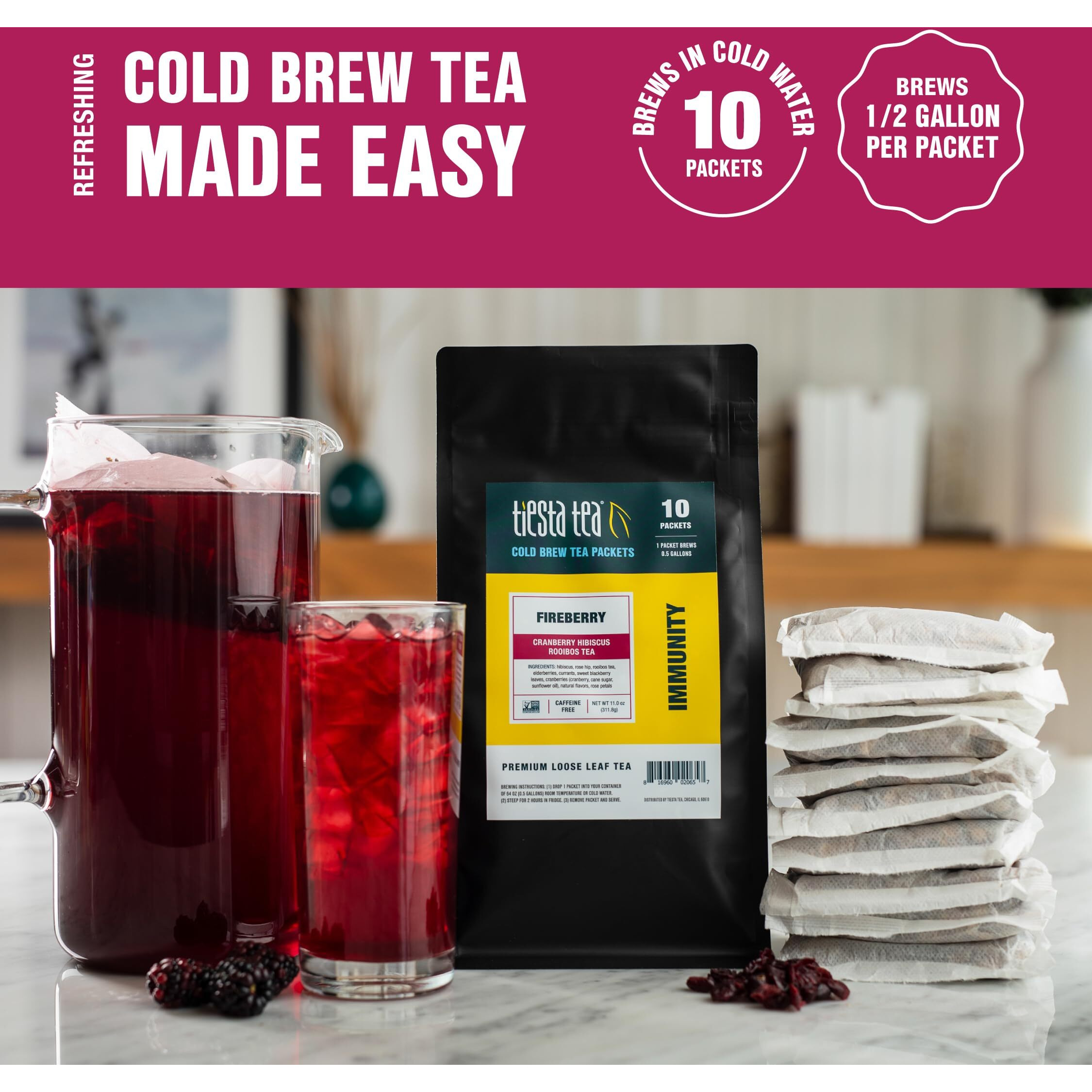 Tiesta Tea - Fireberry Cold Brew Tea - Cranberry Hibiscus Rooibos Tea - Premium Loose Leaf Tea Blend - Non Caffeinated Iced Tea - Cold Brew Tea Packets - Brews 64 Oz Of Pitcher Per Bag (Pack Of 10)