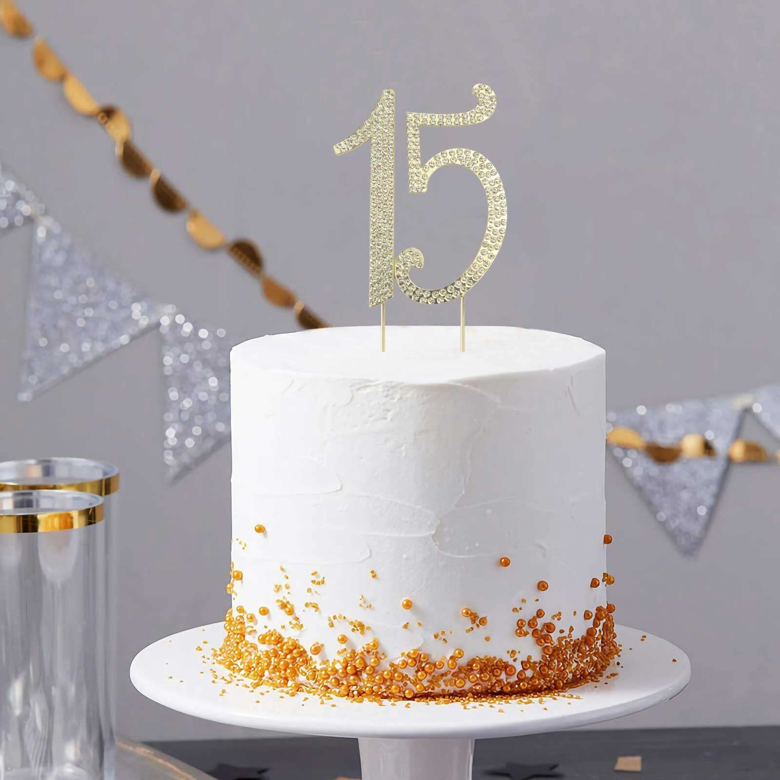 Janou 15 Cake Topper Number 15 Crystal Rhinestones 15Th Cake Decoration For Birthday Anniversary Party Decoratio (Gold)