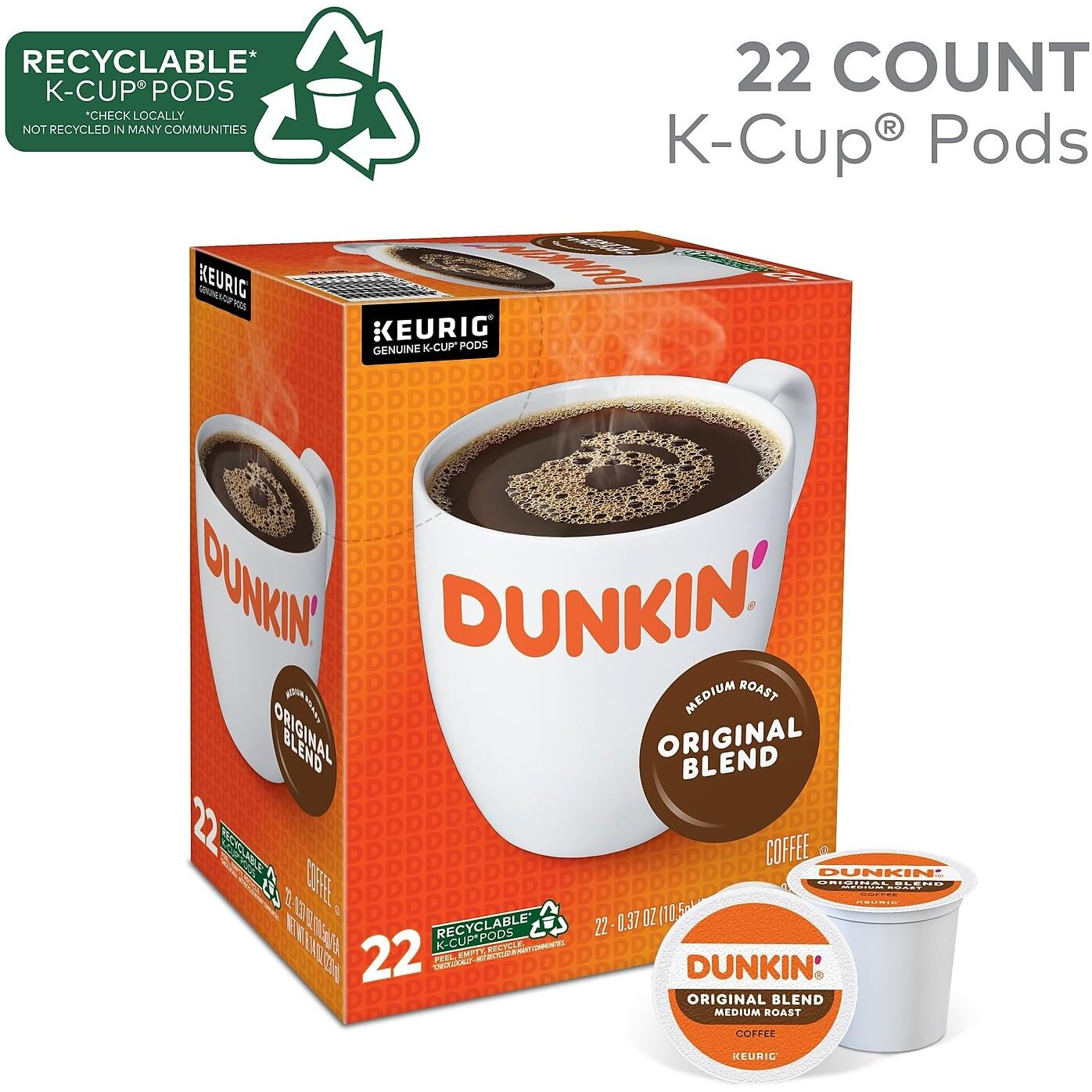 Dunkin' Original Blend Medium Roast Coffee, 22 Keurig K-Cup Pods