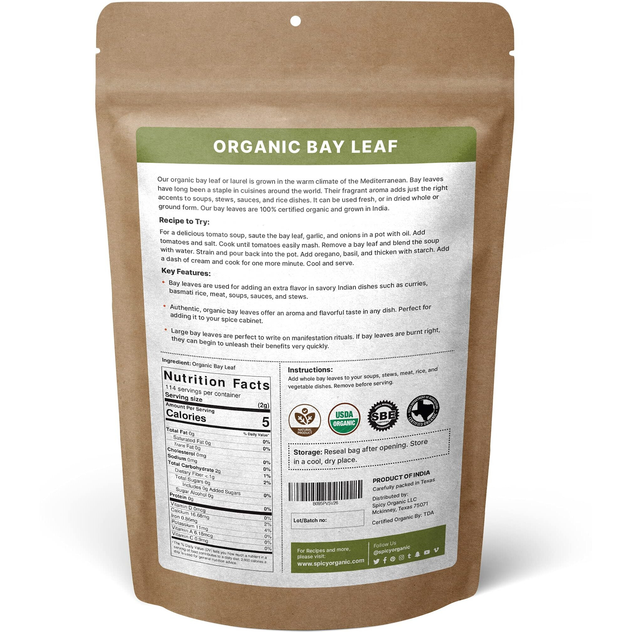 Spicy Organic Bay Leaf (Indian Tej Patta) - 100% Pure Usda Organic - Non-Gmo, Gluten-Free - Comes In A Resealable Pack - Non-Irradiated Naturally Dried Whole Leaves- 114 Servings Per Container, 8 Oz (227 Grams)