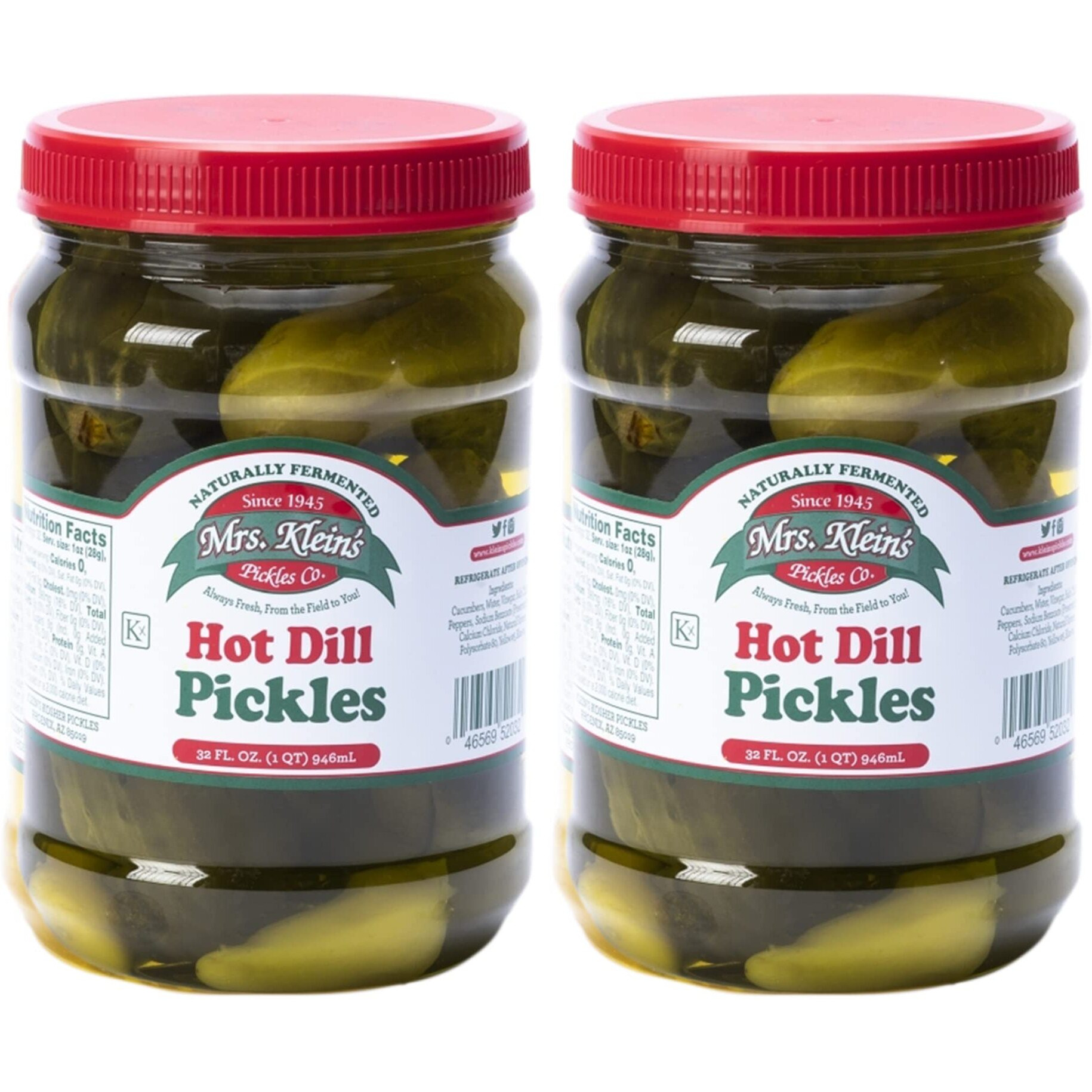 Mrs. Kleins Hot Pickles - Large Spicy Dill Pickles Made With Natural Ingredients - Kosher, Low Carb And Gluten Free - 2 X 32 Fl Oz Jar