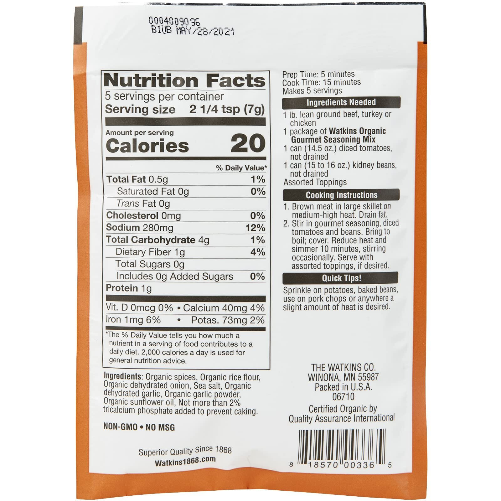 Watkins Organic Chili Gourmet Seasoning Mix, 1.25 Oz. Packets (Pack Of 12)