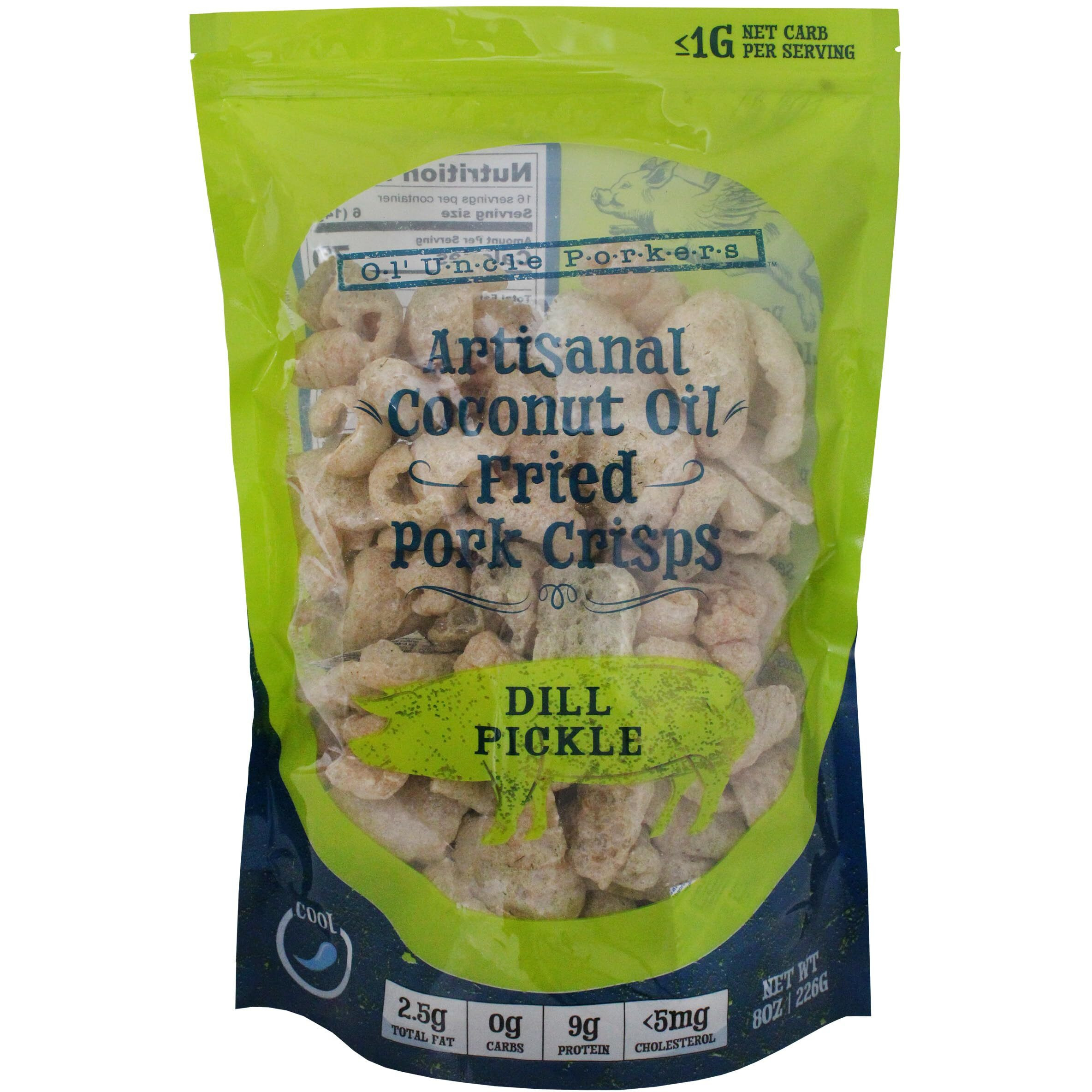 Keto-Friendly Pickle Flavor Pork Rinds (Dill Pickle, 8Oz Bag) Pork Crisps Fried In Coconut Oil, Zero Carb Snack