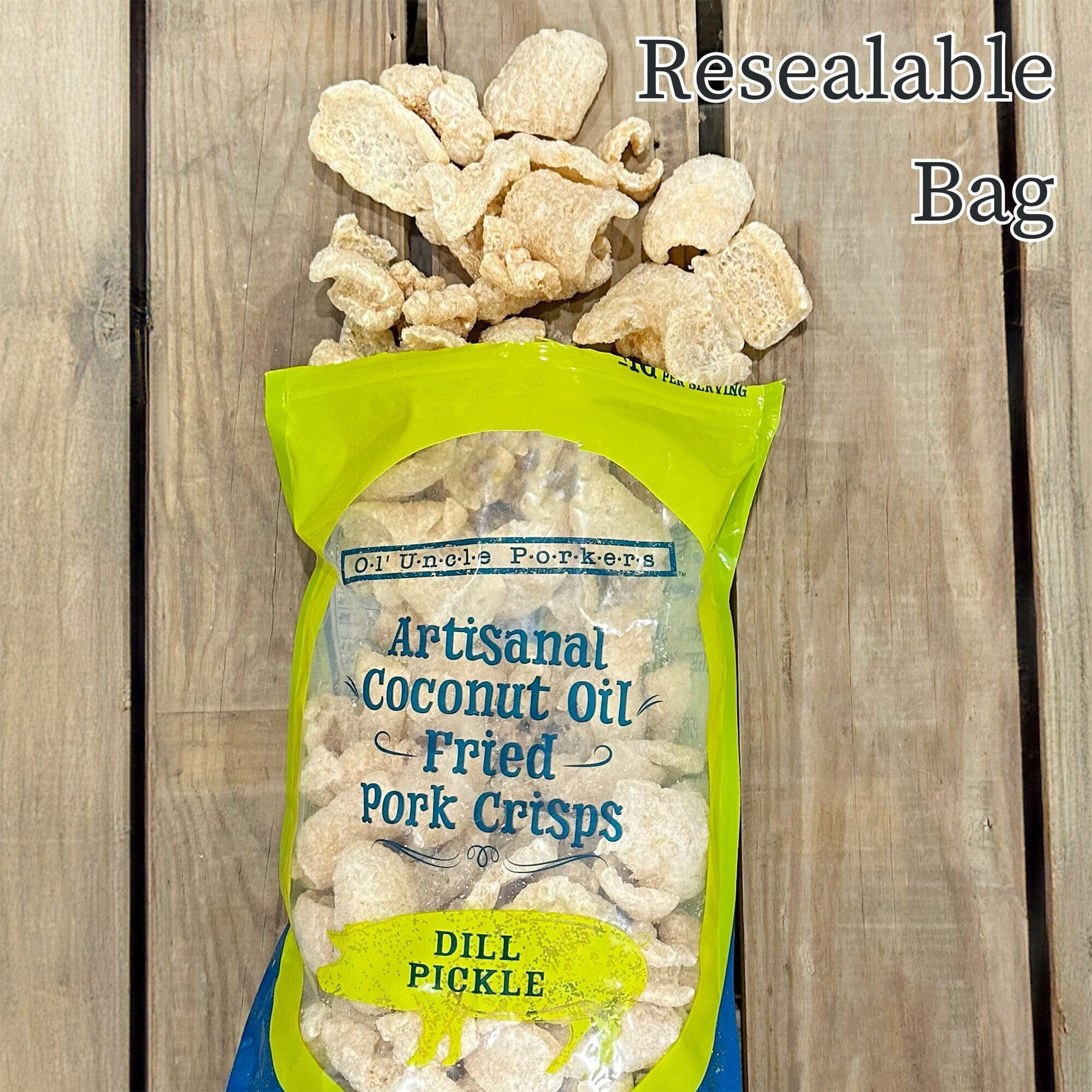 Keto-Friendly Pickle Flavor Pork Rinds (Dill Pickle, 8Oz Bag) Pork Crisps Fried In Coconut Oil, Zero Carb Snack