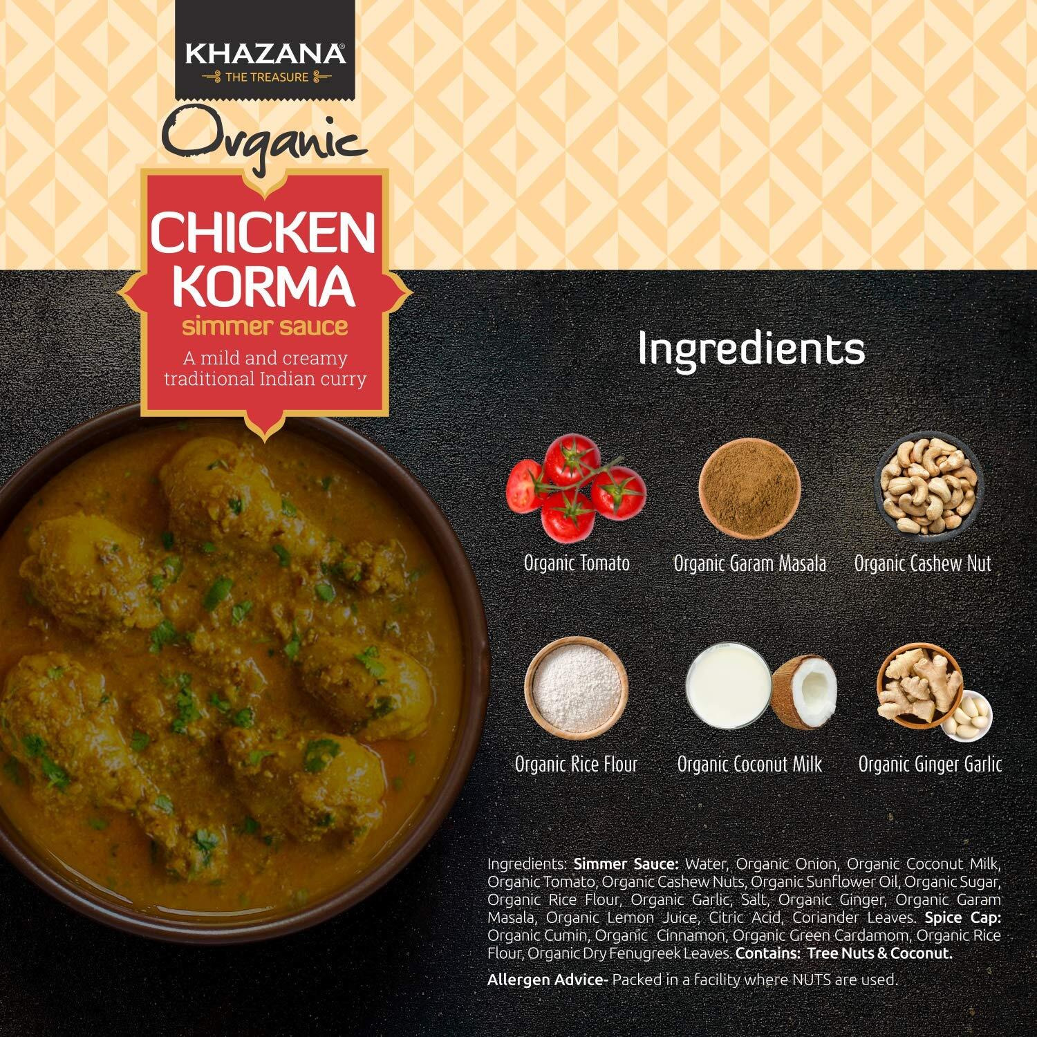 Khazana Organic Chicken Korma Indian Simmer Sauce - 6 X 12.7Oz Jars | Non-Gmo, Vegan, Gluten Free, Kosher | Authentic Indian Meals Made Easy At Home