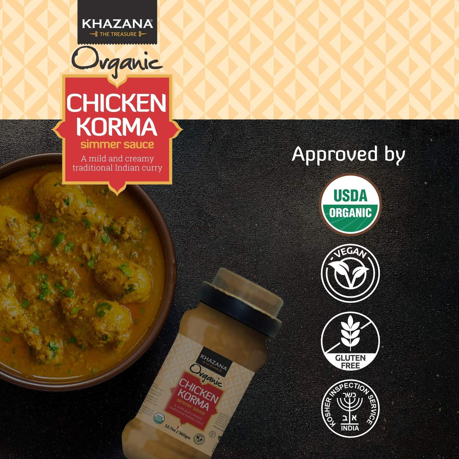 Khazana Organic Chicken Korma Indian Simmer Sauce - 6 X 12.7Oz Jars | Non-Gmo, Vegan, Gluten Free, Kosher | Authentic Indian Meals Made Easy At Home