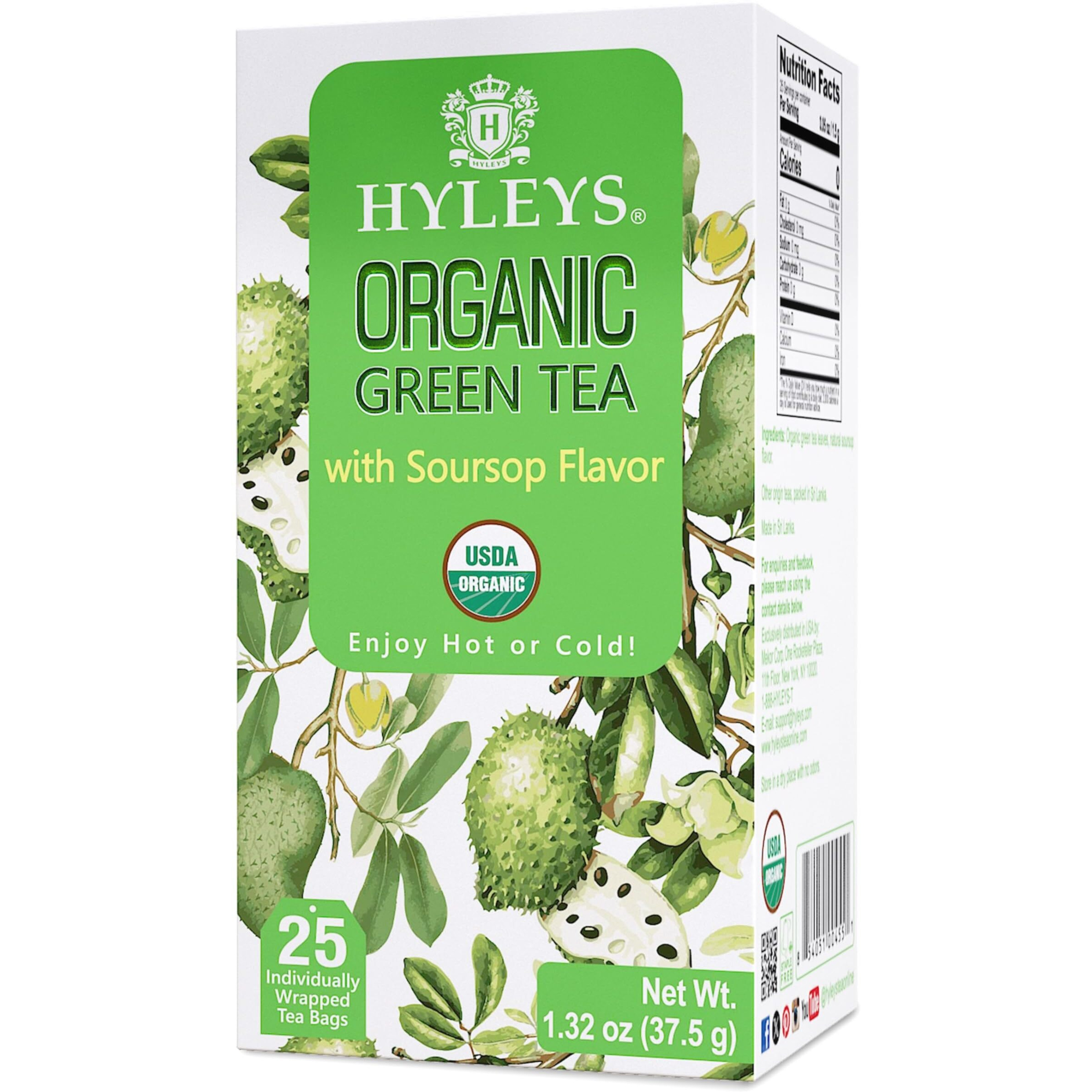 Hyleys Organic Green Tea Soursop Flavor - 25 Tea Bags - Sour Sop Graviola Guanabana Tea