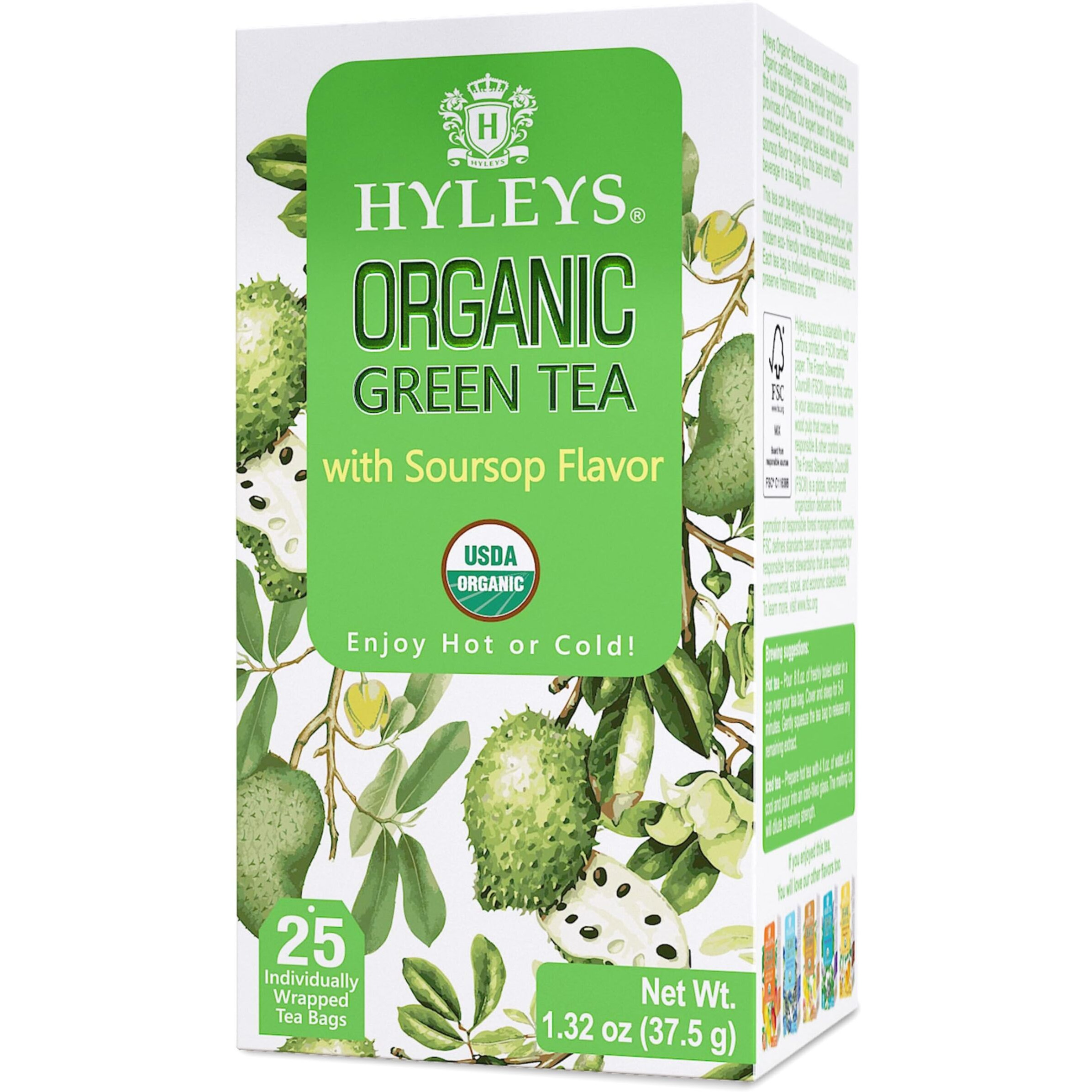 Hyleys Organic Green Tea Soursop Flavor - 25 Tea Bags - Sour Sop Graviola Guanabana Tea