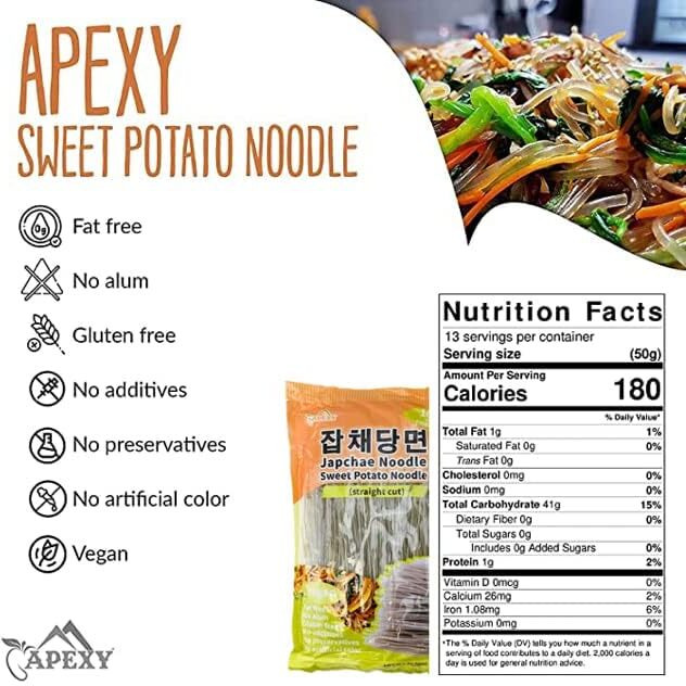 Apexy Sweet Potato Glass Noodles Straight Cut, Japchae Noodles, Korean Vermicelli Pasta, Fat-Free And Gluten-Free, 100% Sweet Potato Starch, No Additive, No Alum Inside, 10.58Oz (Pack Of 1)