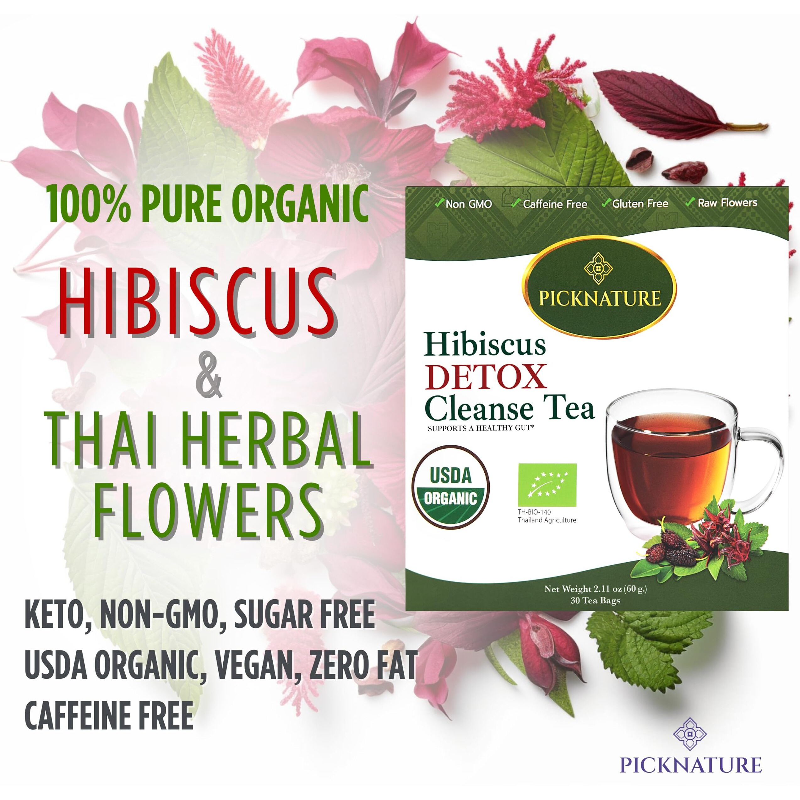 Picknature Hibiscus Detox Cleanse Tea Freshly Picked From Thailand | 60 Tea Bags (Value Pack 200+ Cups) | Herbal Tea Gifts | Usda Organic