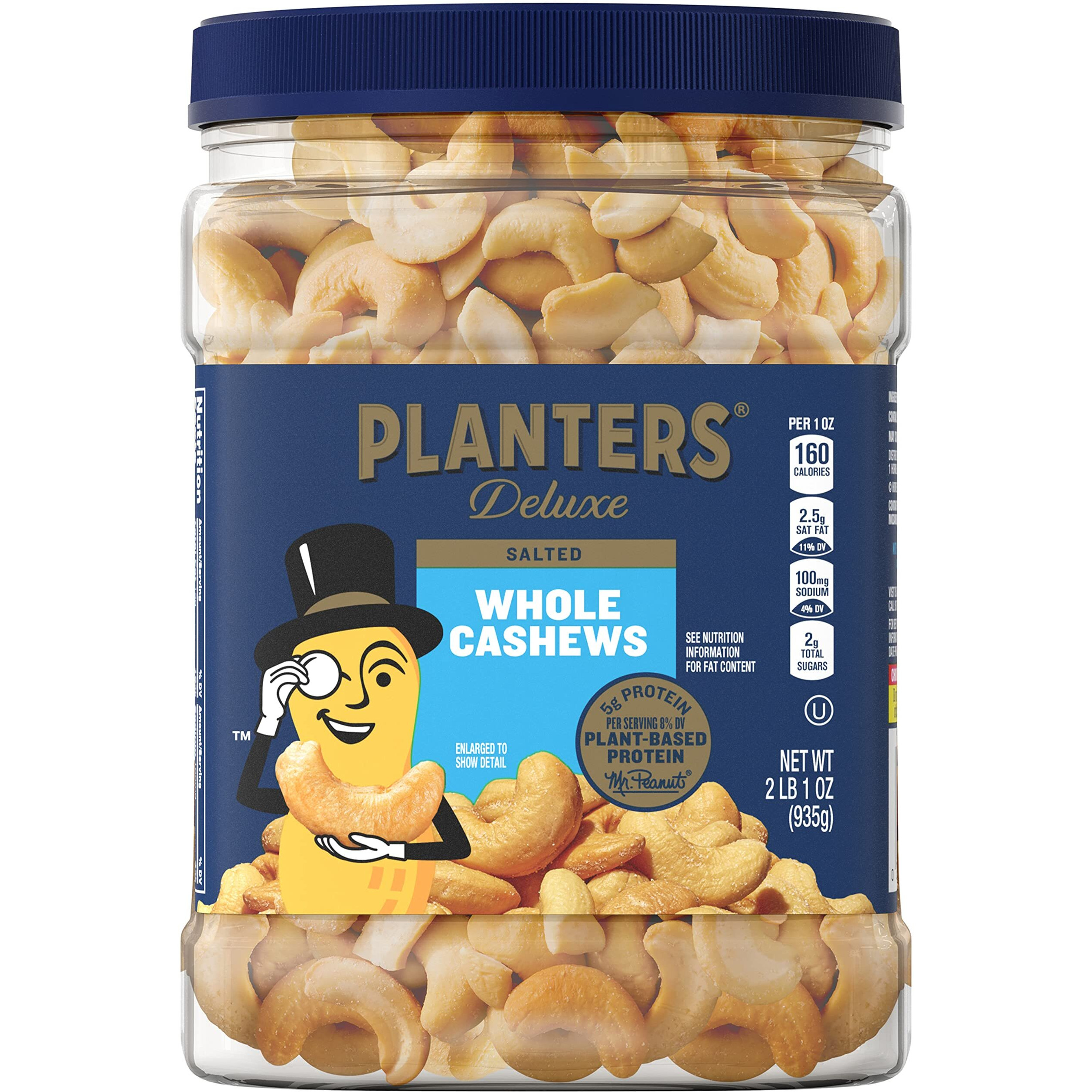 Planters Deluxe Salted Whole Cashews, Party Snacks, Plant-Based Protein, Quick Snack For Adults, After School Snack, Roasted Cashew Flavored With Sea Salt, Kosher, 33Oz Container