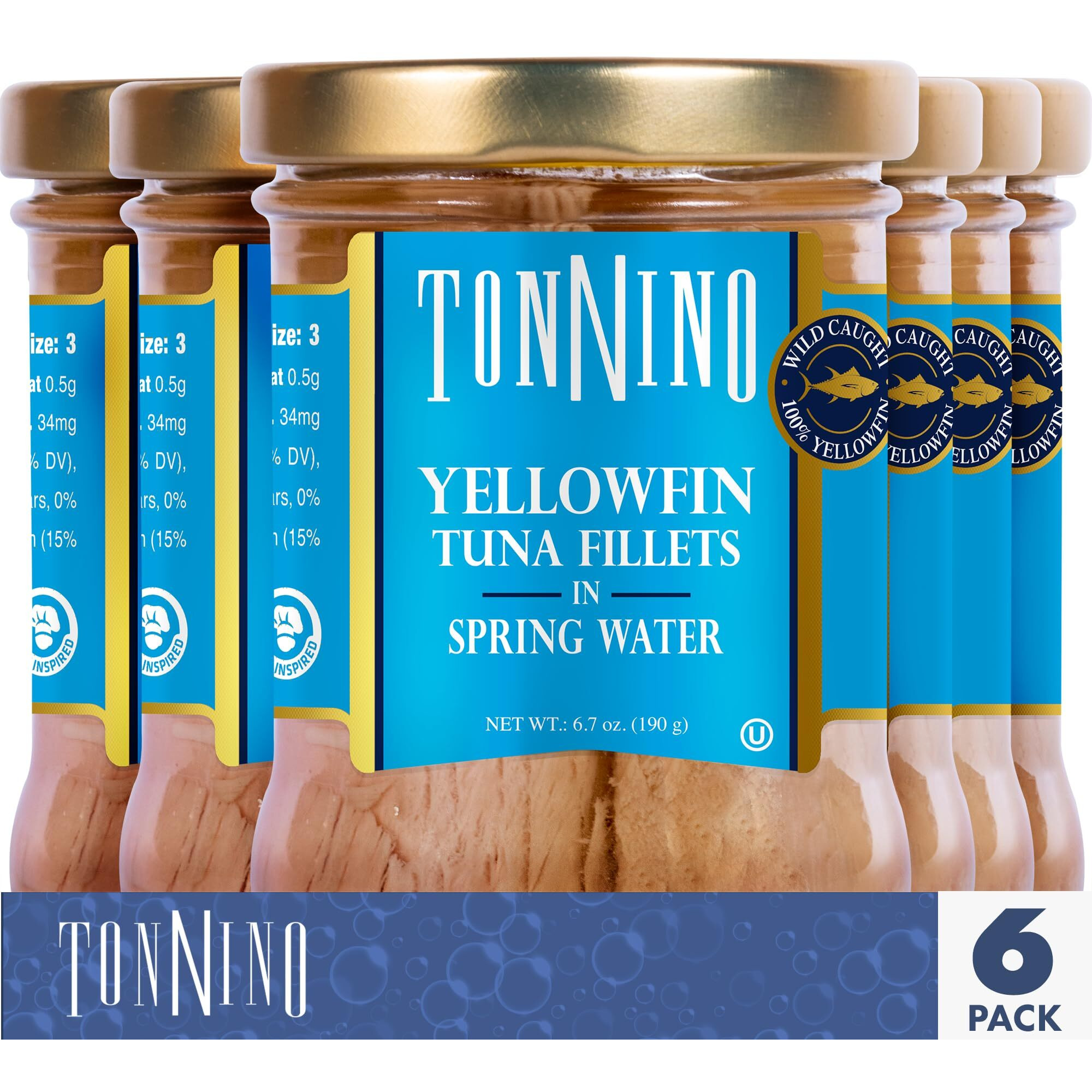 Tonnino Yellowfin Tuna In Water 6.7 Oz - Gourmet 6-Pack Omega-3, High Protein, Gluten-Free, Ready-To-Eat Tuna Packets For Tuna Salad, Tuna Fish Alternative To Salmon, Kosher, Perfect For Tuna Salad