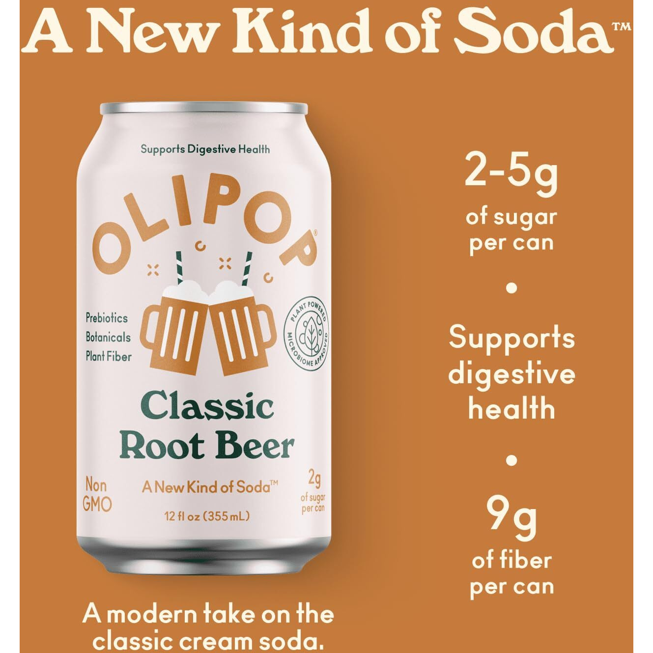 Olipop Prebiotic Soda Pop, Classic Root Beer, A New Kind Of Soda Packed With Prebiotics, Fiber, And Botanicals, Gluten Free, Vegan, Gmo Free, 12Oz (12-Cans)