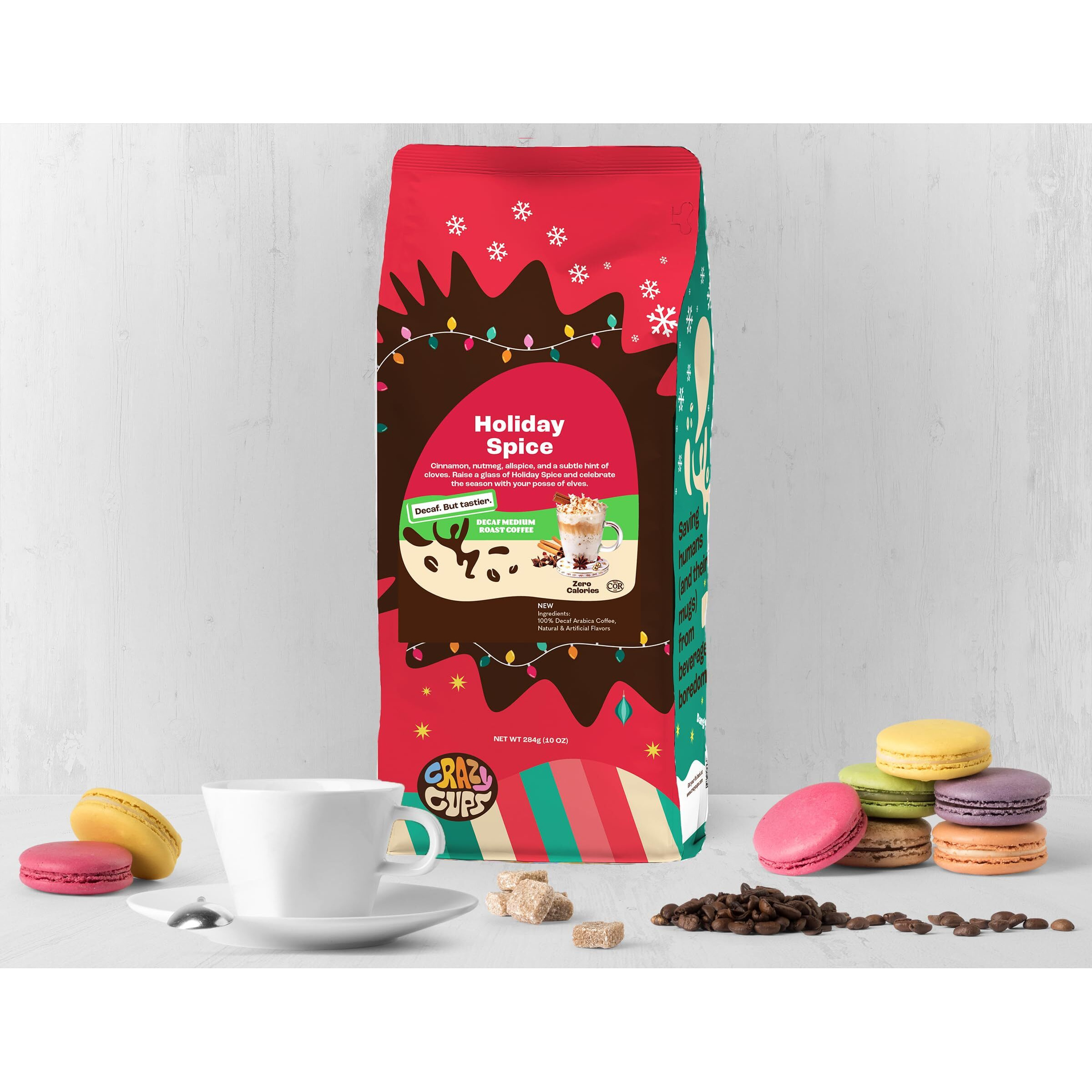 Crazy Cups Flavored Ground Decaf Holiday Coffee, Decaffeinated Holiday Spice Coffee In 10 Oz Bag, For Brewing Flavored Hot Or Iced Coffee, (Pack Of 1)