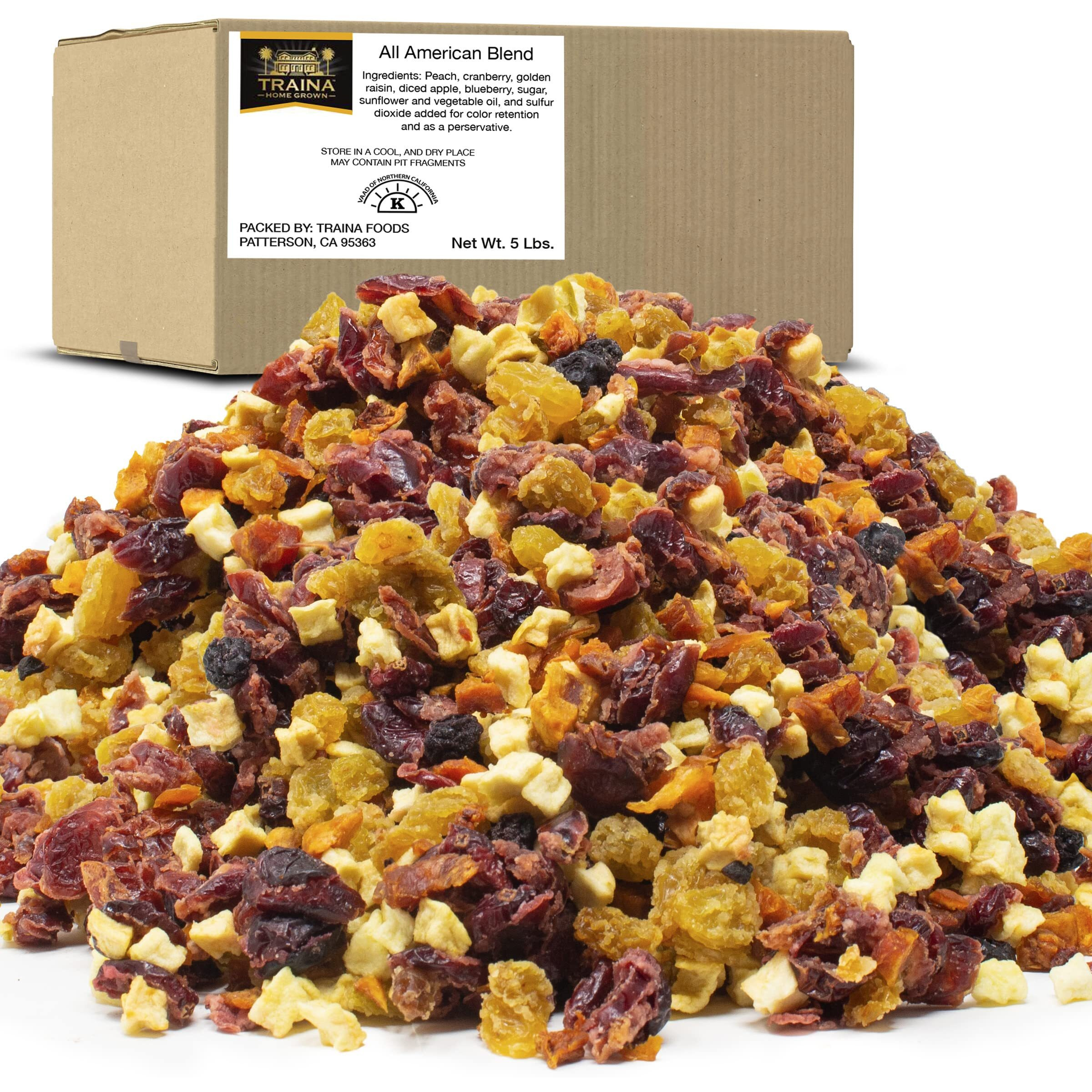 Traina Home Grown All American Sun Dried Fruit Blend -Diced Peaches, Cranberries, Blueberries, Apples, Golden Raisins, Non Gmo, Gluten Free, Value Size (5 Pounds)