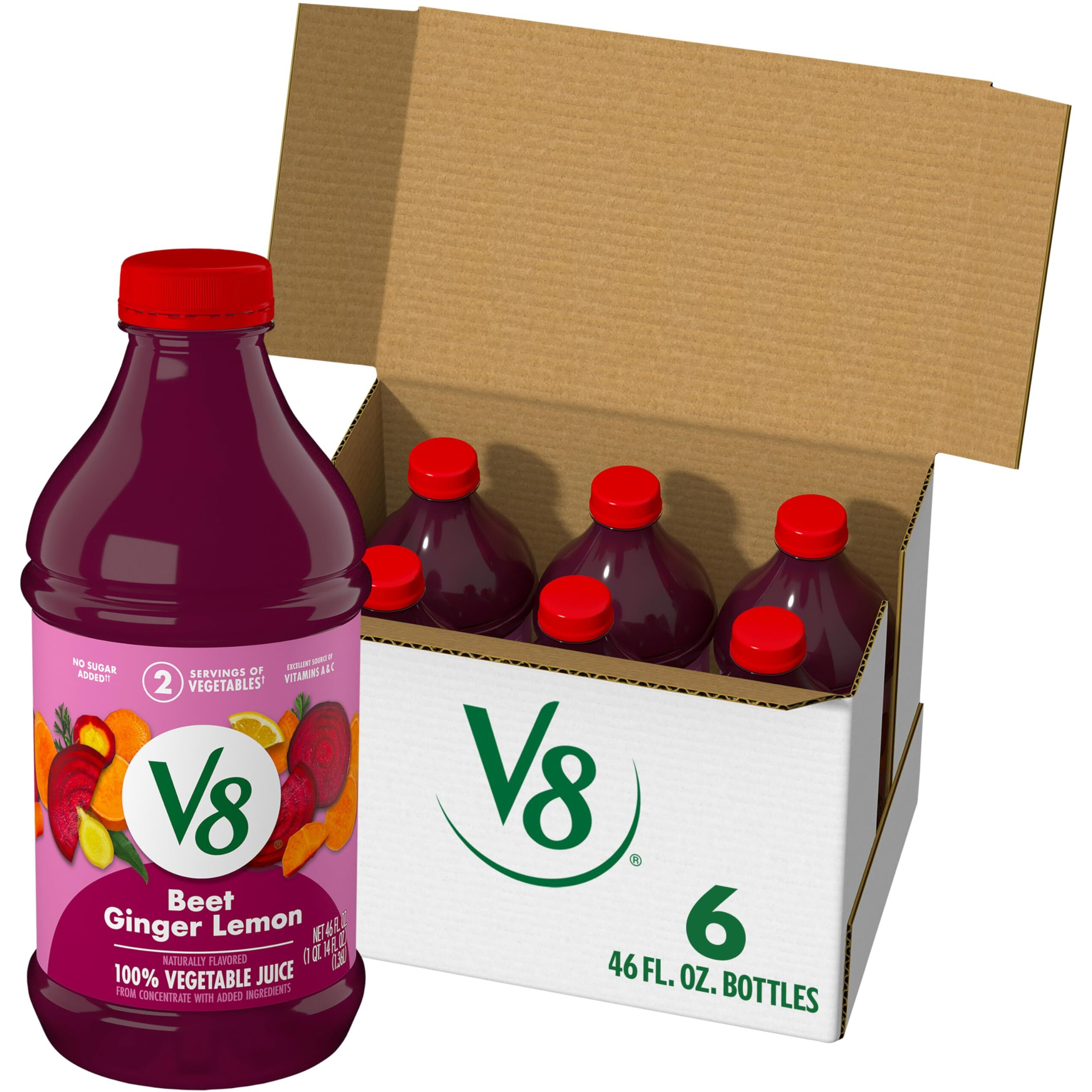 V8 Beet Ginger Lemon 100% Vegetable Juice, Naturally Flavored Vegetable Juice From Concentrate, 46 Fl Oz Bottle (Pack Of 6)