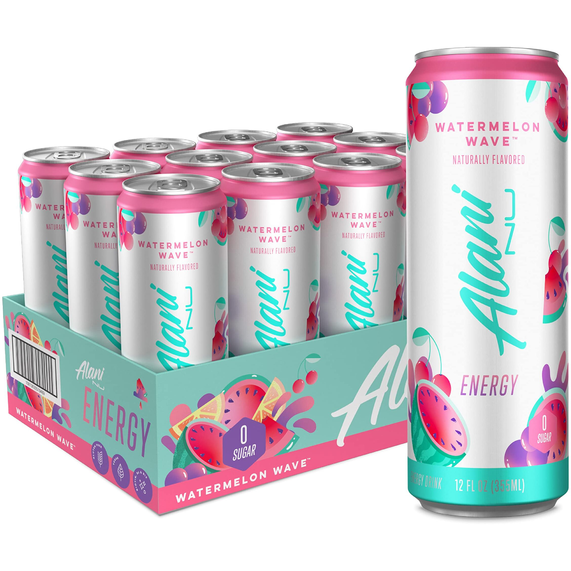 Alani Nu Watermelon Wave Sugar Free, Low Calorie Energy Drinks | 200Mg Caffeine | Pre Workout Performance With Antioxidants | Biotin B Vitamins | Zero Sugar | 10 Calories | 12 Fl Oz Cans (12 Pack)