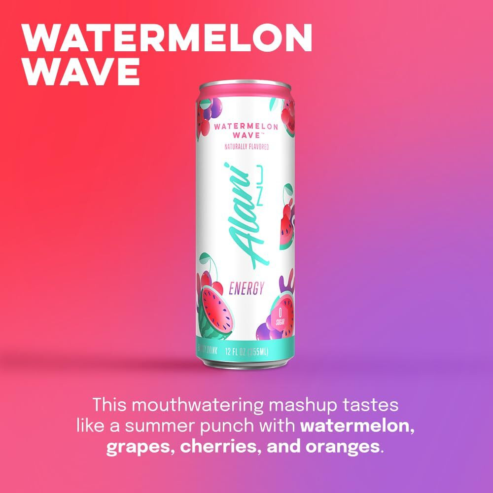 Alani Nu Watermelon Wave Sugar Free, Low Calorie Energy Drinks | 200Mg Caffeine | Pre Workout Performance With Antioxidants | Biotin B Vitamins | Zero Sugar | 10 Calories | 12 Fl Oz Cans (12 Pack)