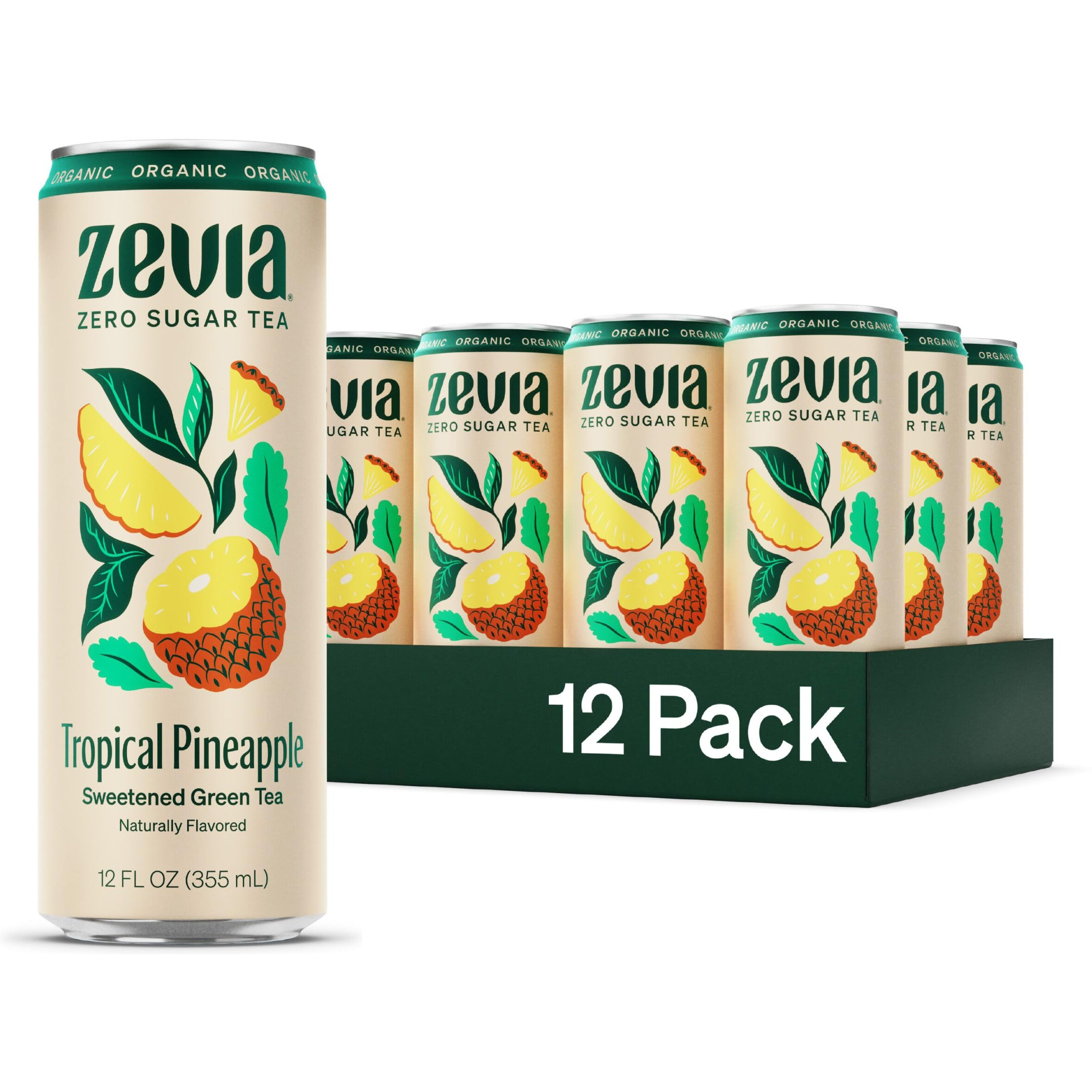 Zevia Sweetened Green Tea, Tropical Pineapple, Zero Sugar, Contains Caffeine, Fair Trade, Vegan Friendly, Kosher, Usda Certified Organic, Gluten Free & Non-Gmo, 12 Fluid Ounce (Pack Of 12)