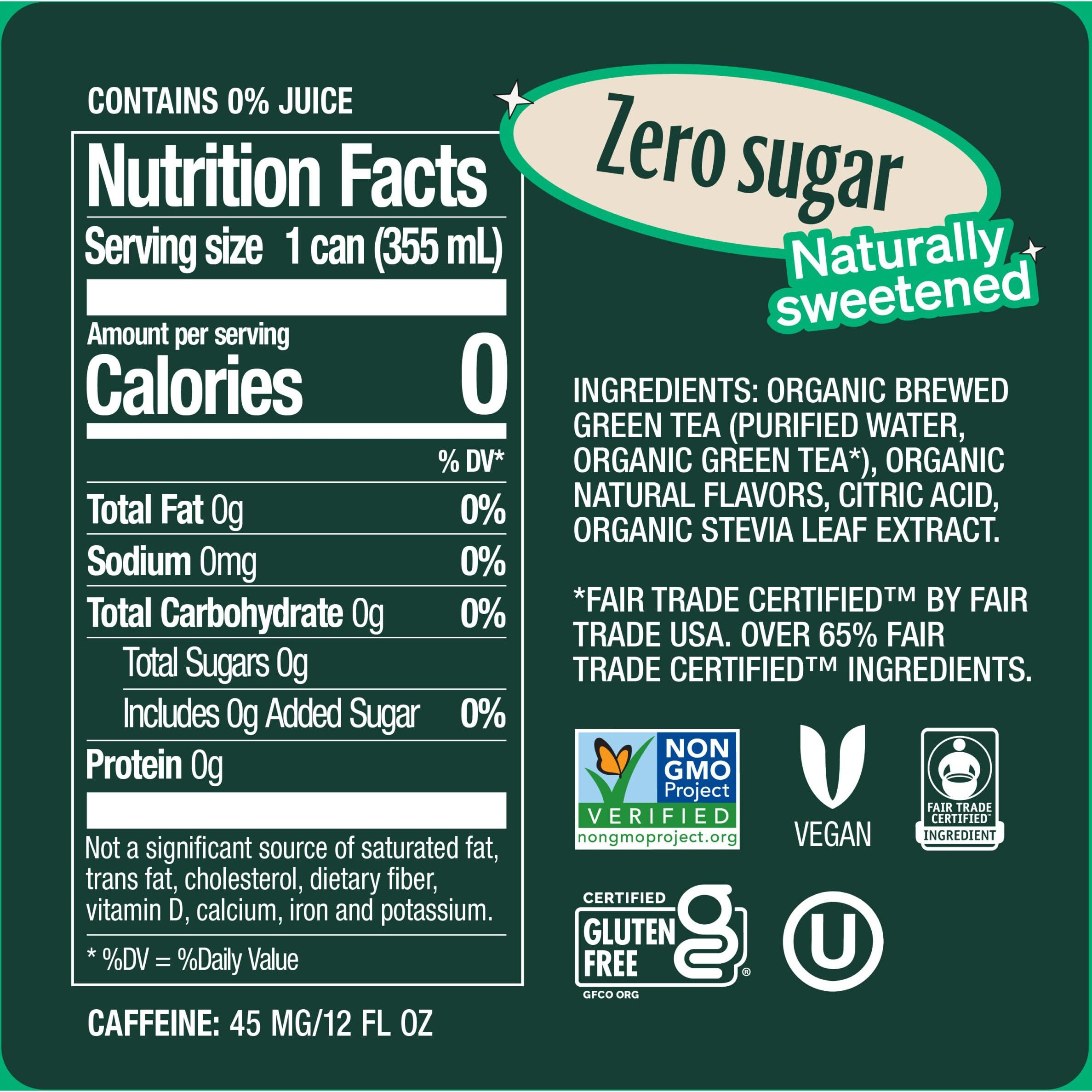 Zevia Sweetened Green Tea, Tropical Pineapple, Zero Sugar, Contains Caffeine, Fair Trade, Vegan Friendly, Kosher, Usda Certified Organic, Gluten Free & Non-Gmo, 12 Fluid Ounce (Pack Of 12)