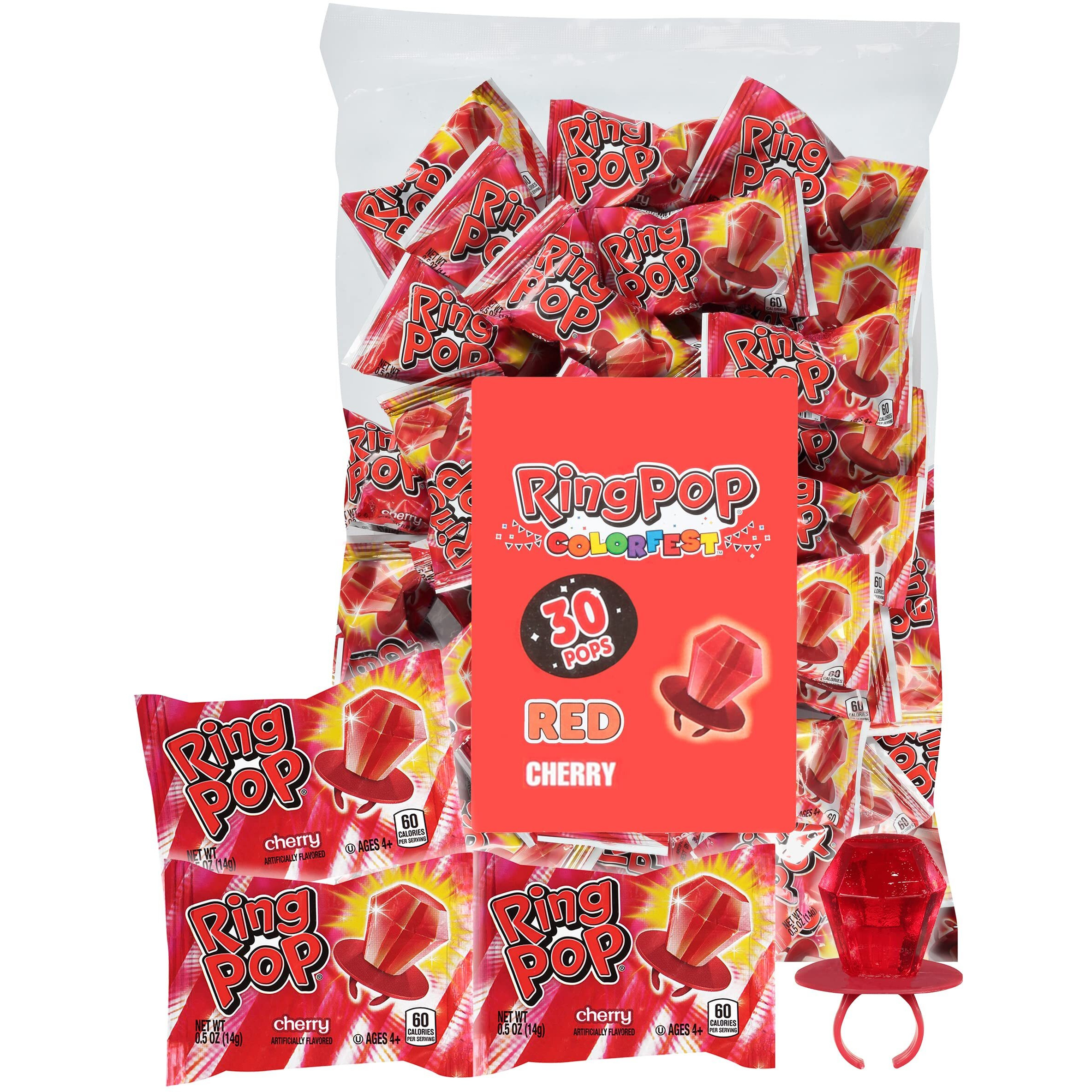 Ring Pop Colorfest Red Cherry Bulk Halloween Candy - 30 Ct Individually Wrapped Lollipops - Fun Candy For Kids, Party Favors, Halloween Parties, Trick Or Treat Goodie Bags, Bachelorette Parties