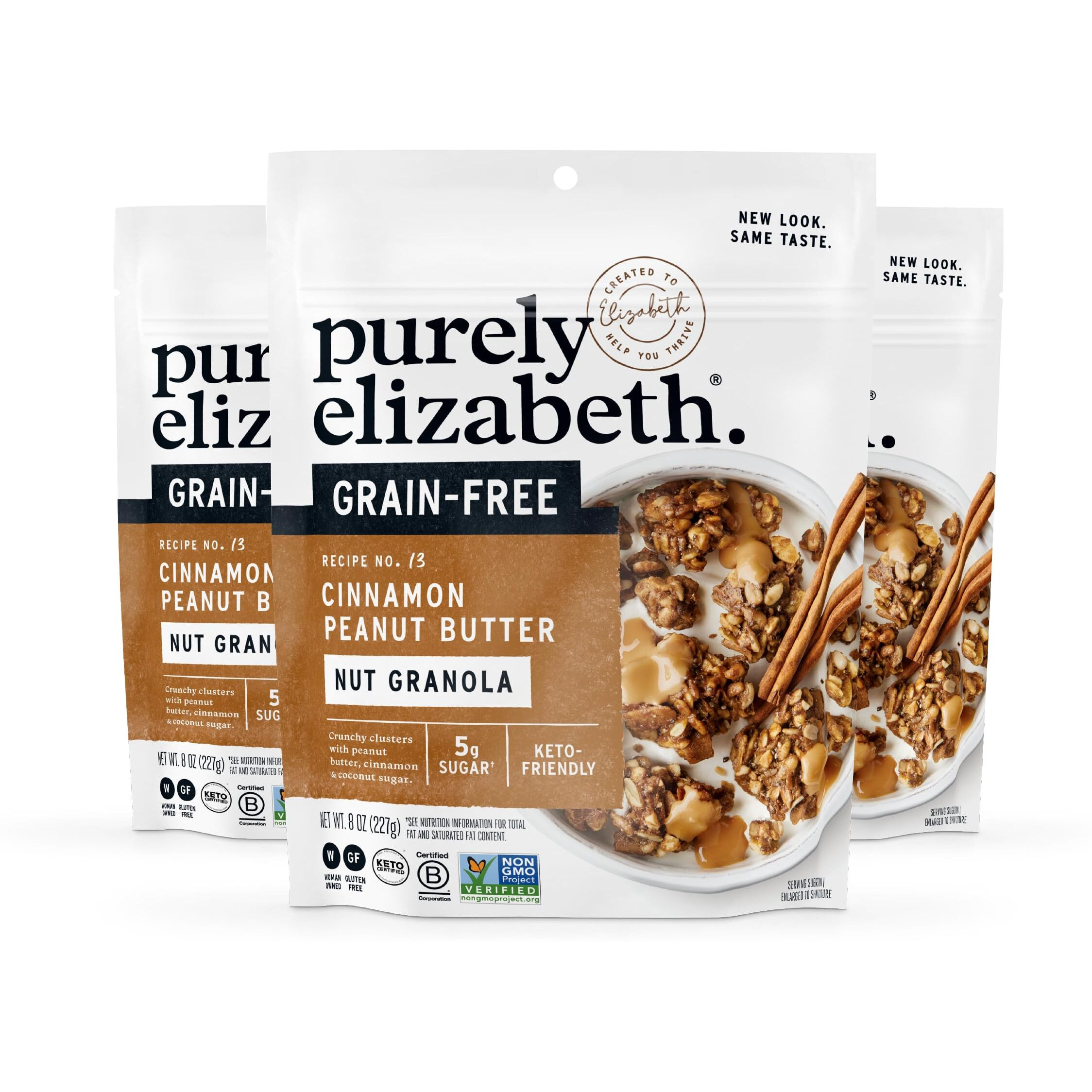 Purely Elizabeth, Cinnamon Peanut Butter, Keto Granola With Mct Oil, Grain-Free (3 Ct, 8Oz Bags)